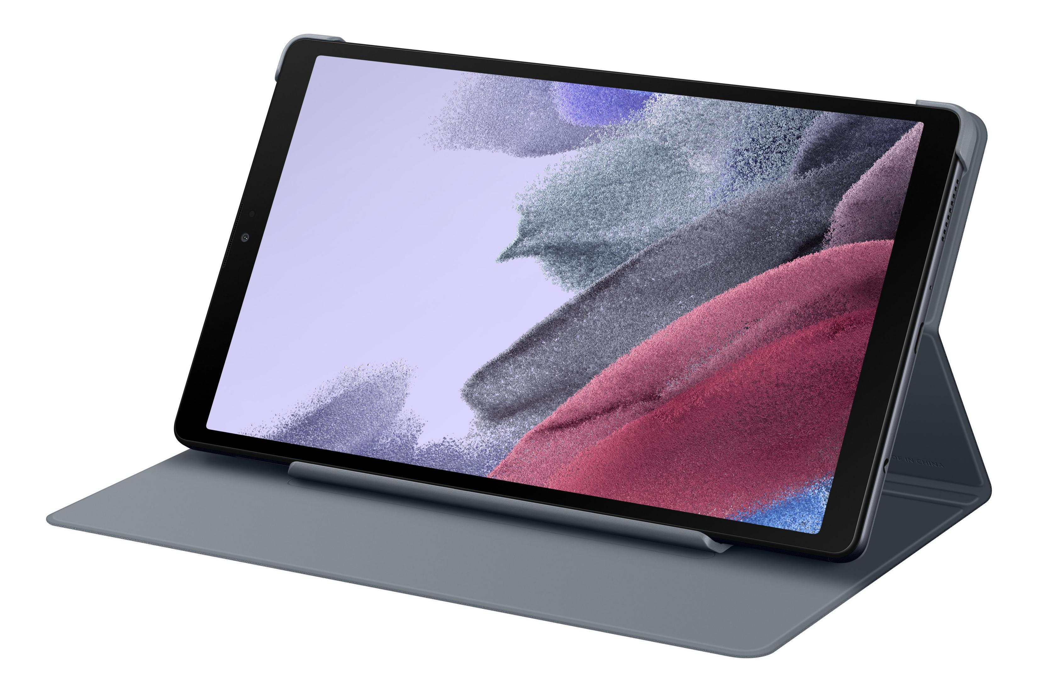 Ein Tablet in einer grauen Hülle, abgewinkelt auf weißem Hintergrund. Der Bildschirm zeigt abstrakte Kunst.