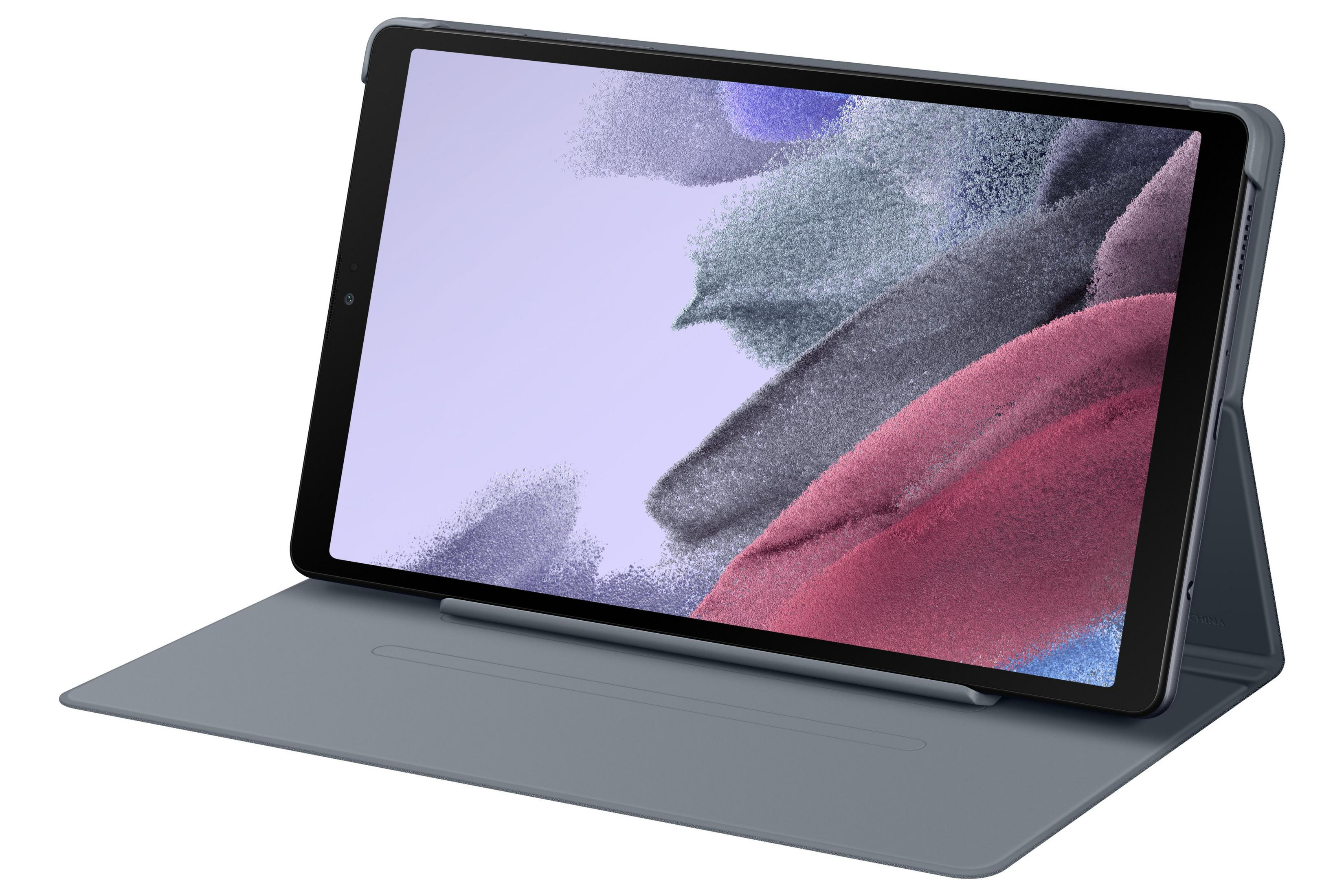 Samsung Tablet mit blauem Case und Stift, zeigt farbenfrohen Bildschirm.