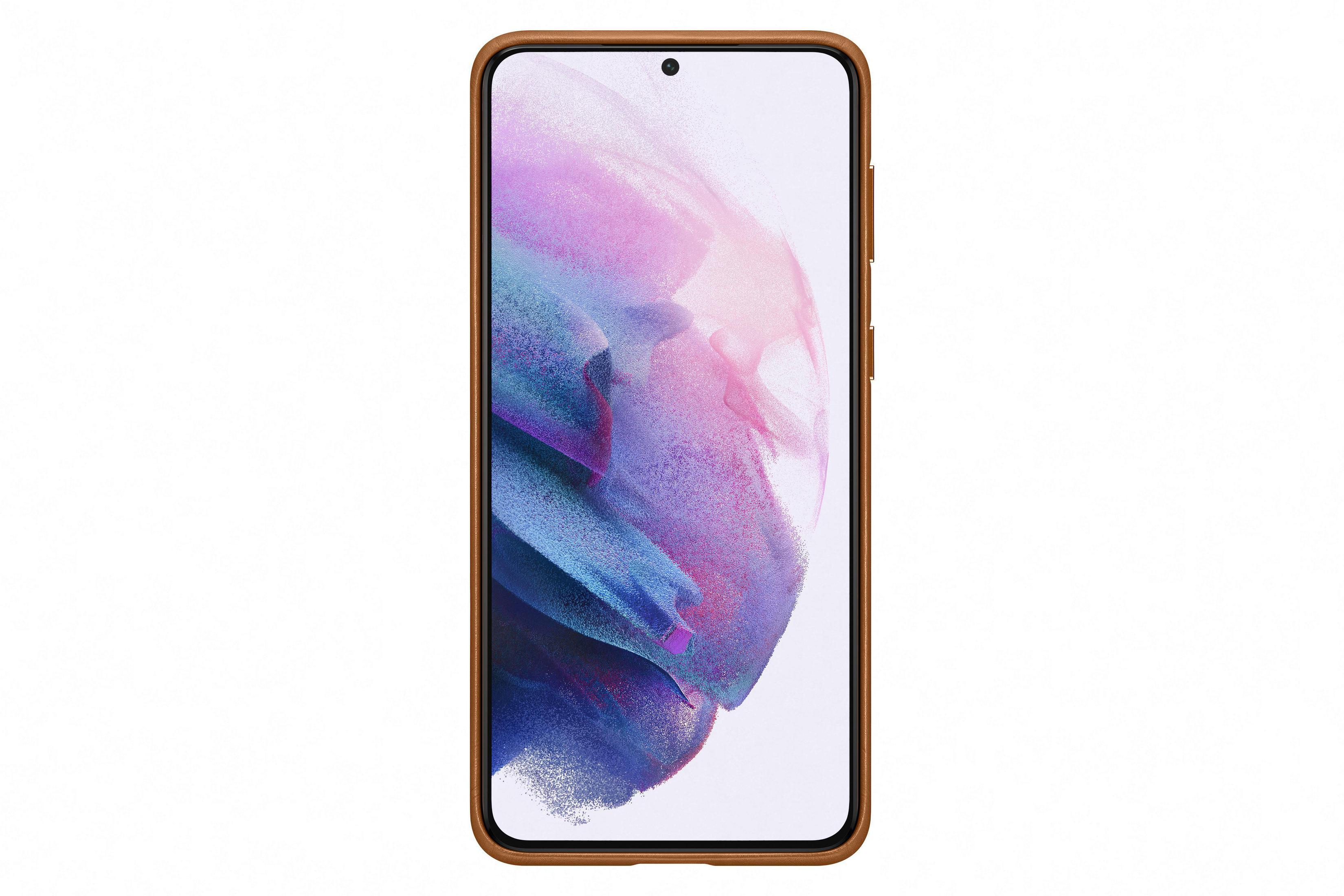 Uno smartphone con custodia in pelle marrone, lo schermo mostra un'immagine astratta.