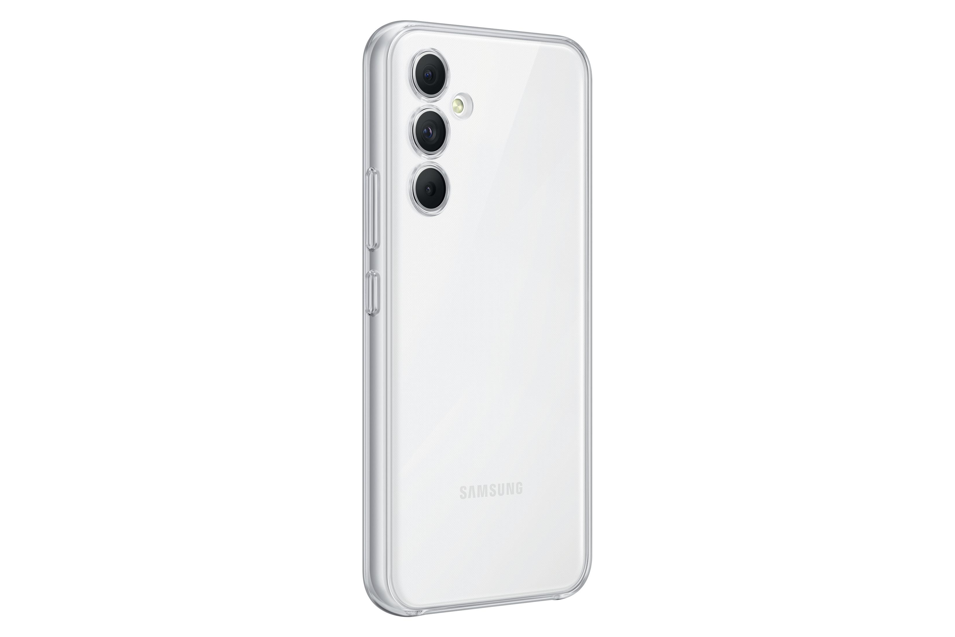 Biały telefon Samsung z trzema tylnymi aparatami, przezroczystym etui, na białym tle.
