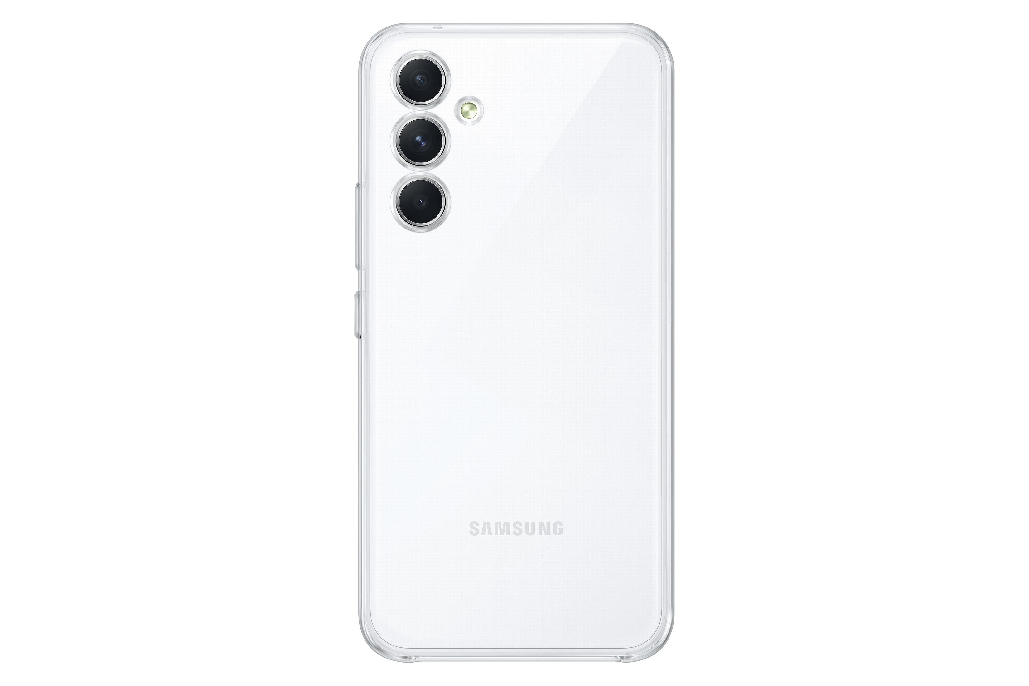 Biały smartfon z trzema tylnymi aparatami. Logo Samsung jest widoczne na dole.