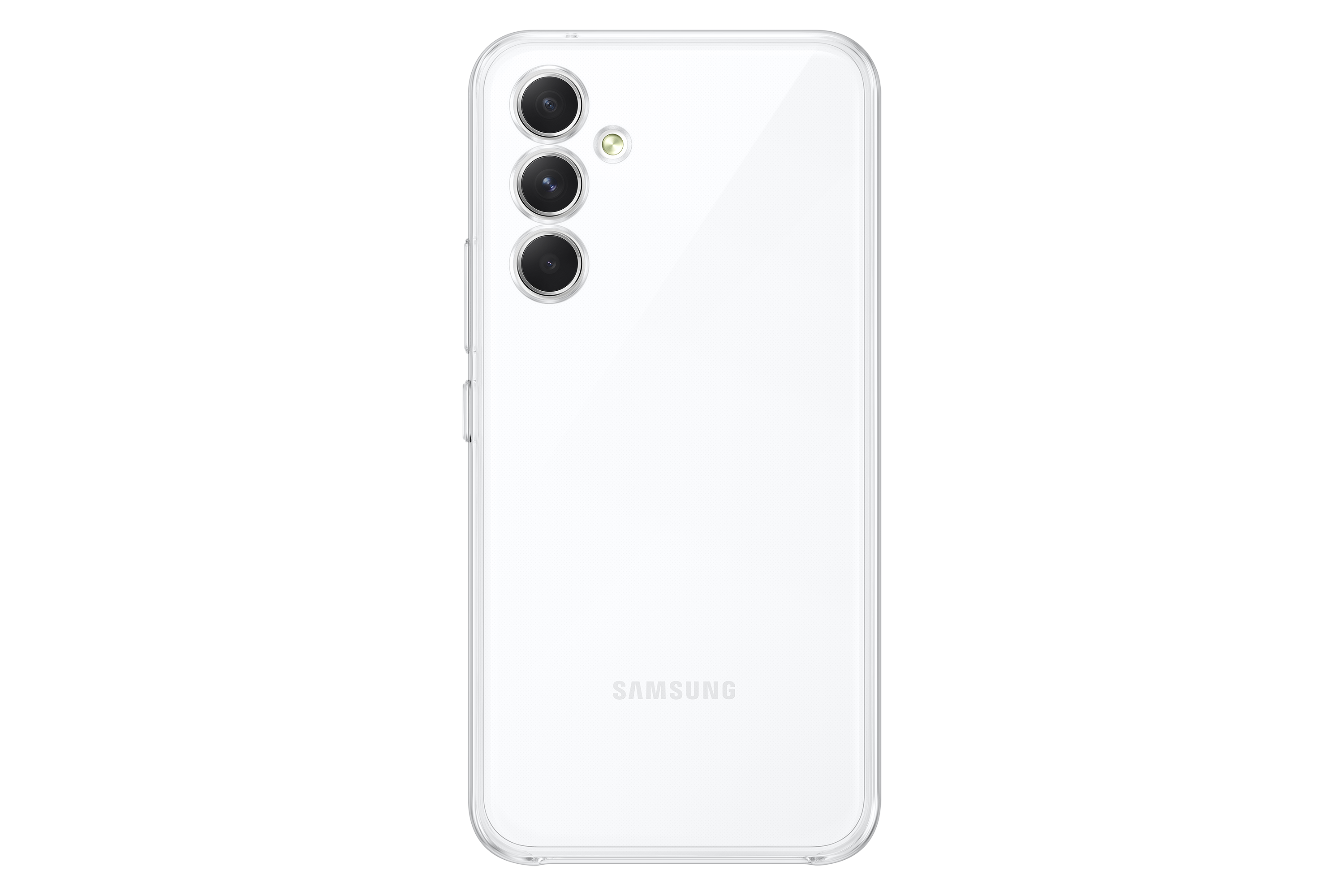 Biały tył smartfona z trzema aparatami i logo Samsung.
