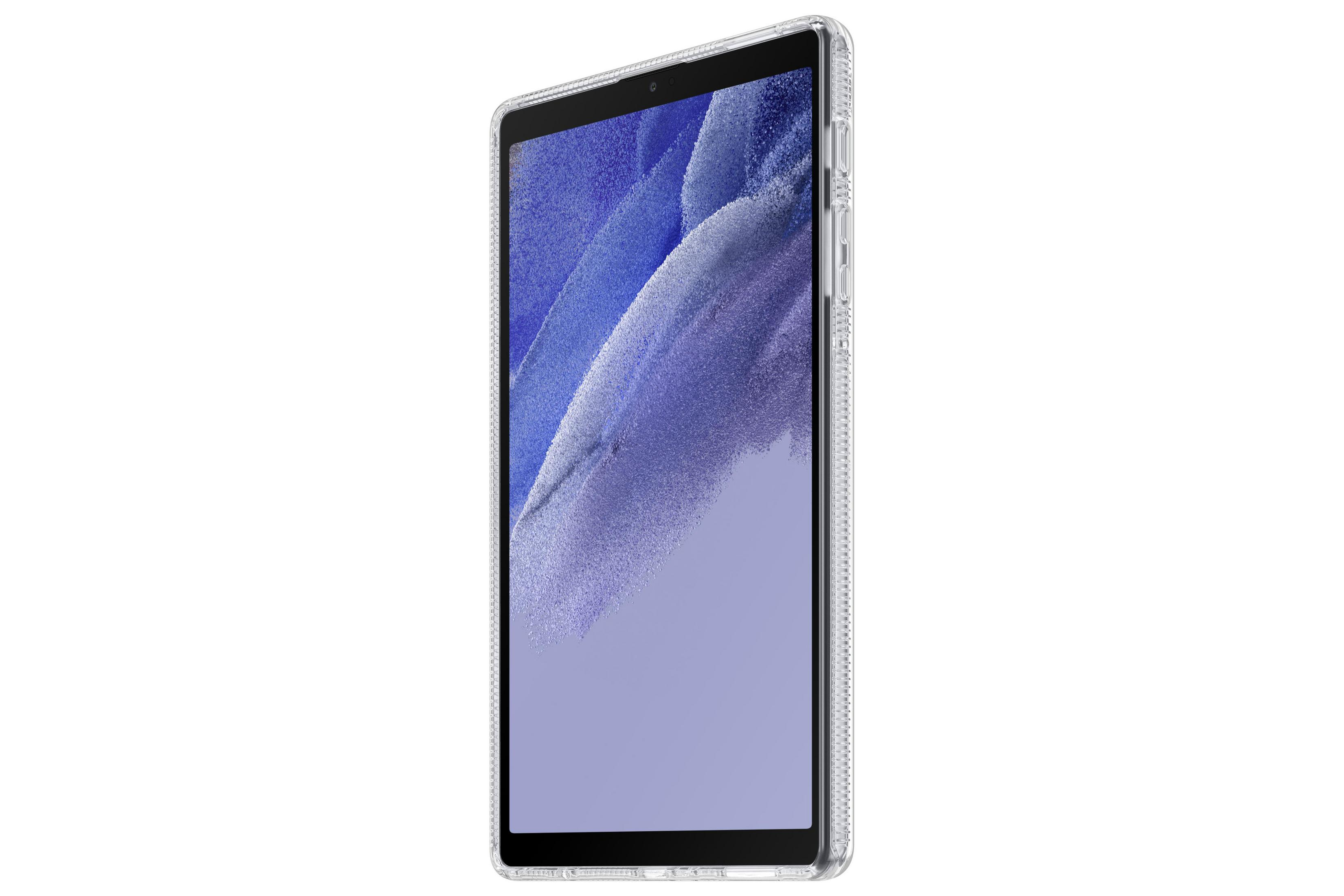 Ein Tablet in einer durchsichtigen Hülle, aus einem Winkel gesehen. Der Bildschirm zeigt einen lila Hintergrund.