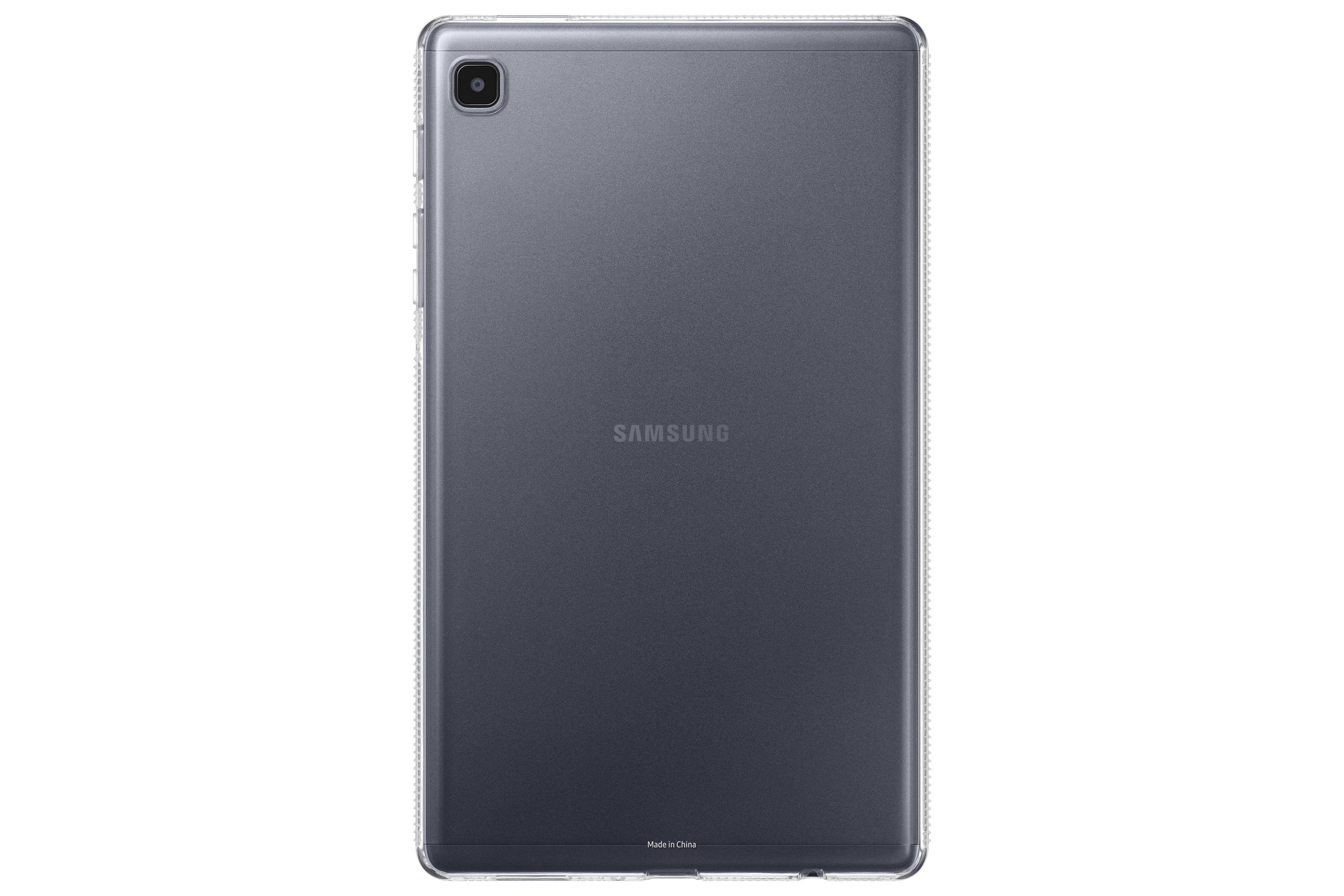 Ein dunkelgraues Samsung Tablet mit transparenter Schutzhülle vor weißem Hintergrund.