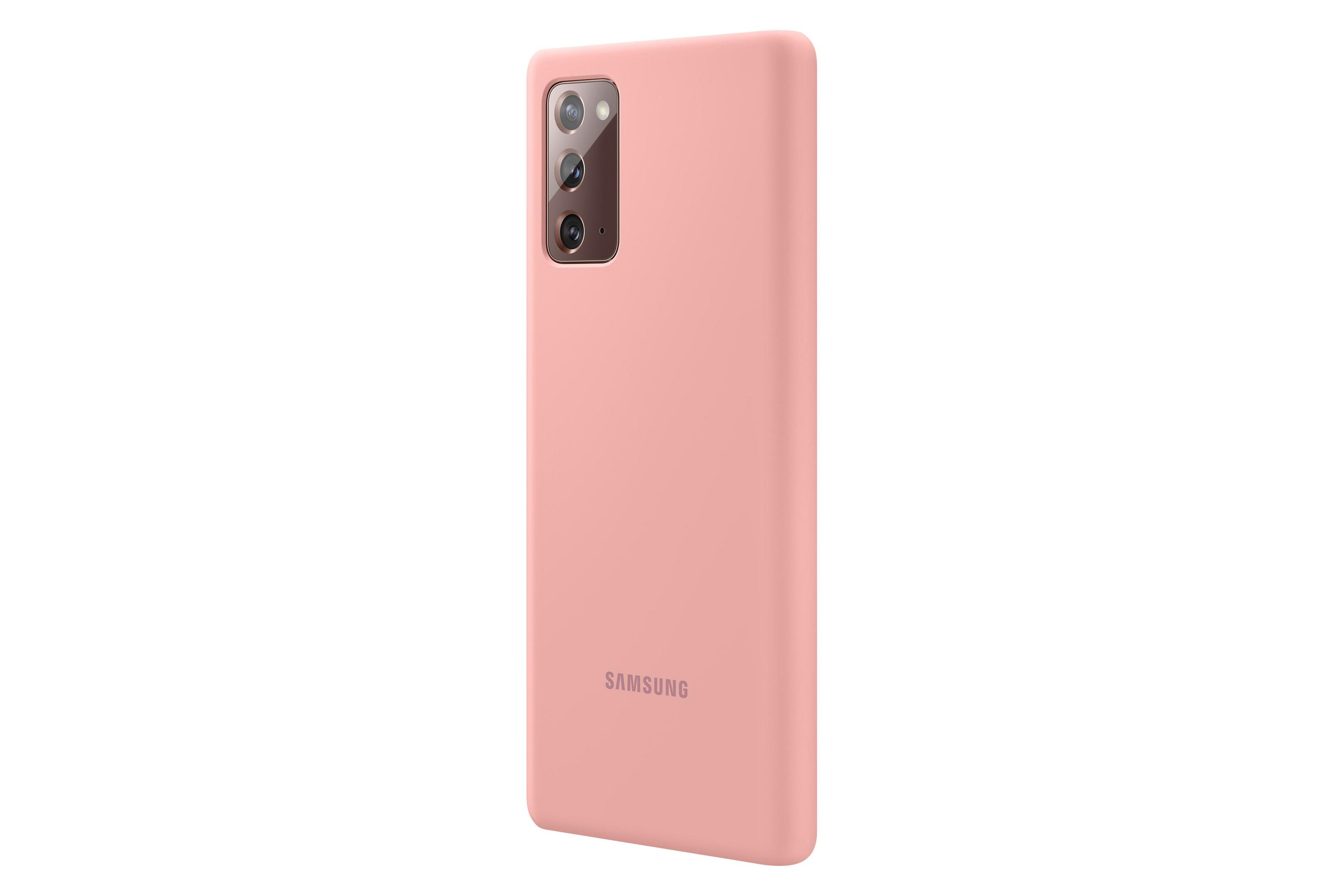 Funda rosa para teléfono Samsung, vista trasera. Logotipo de Samsung. Fondo blanco.