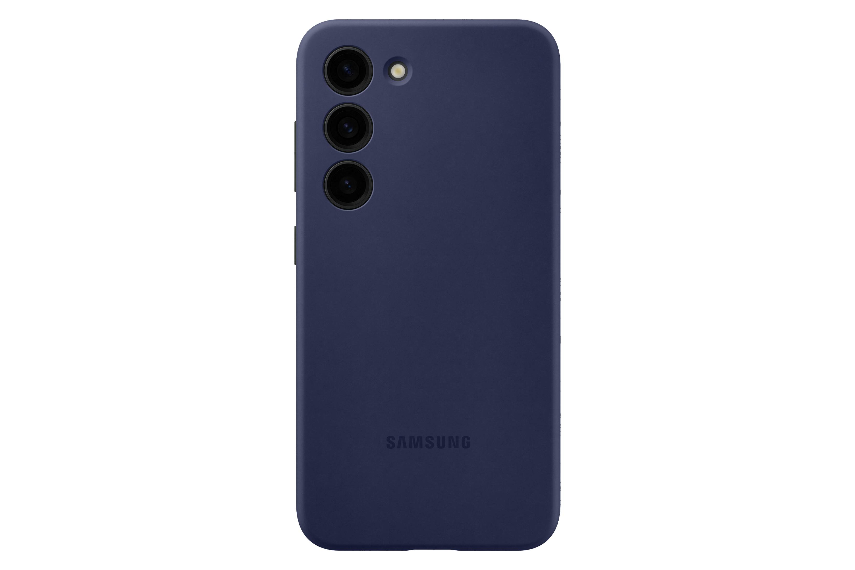 Eine marineblaue Handyhülle mit Dreifachkamera und Samsung-Logo auf der Rückseite.