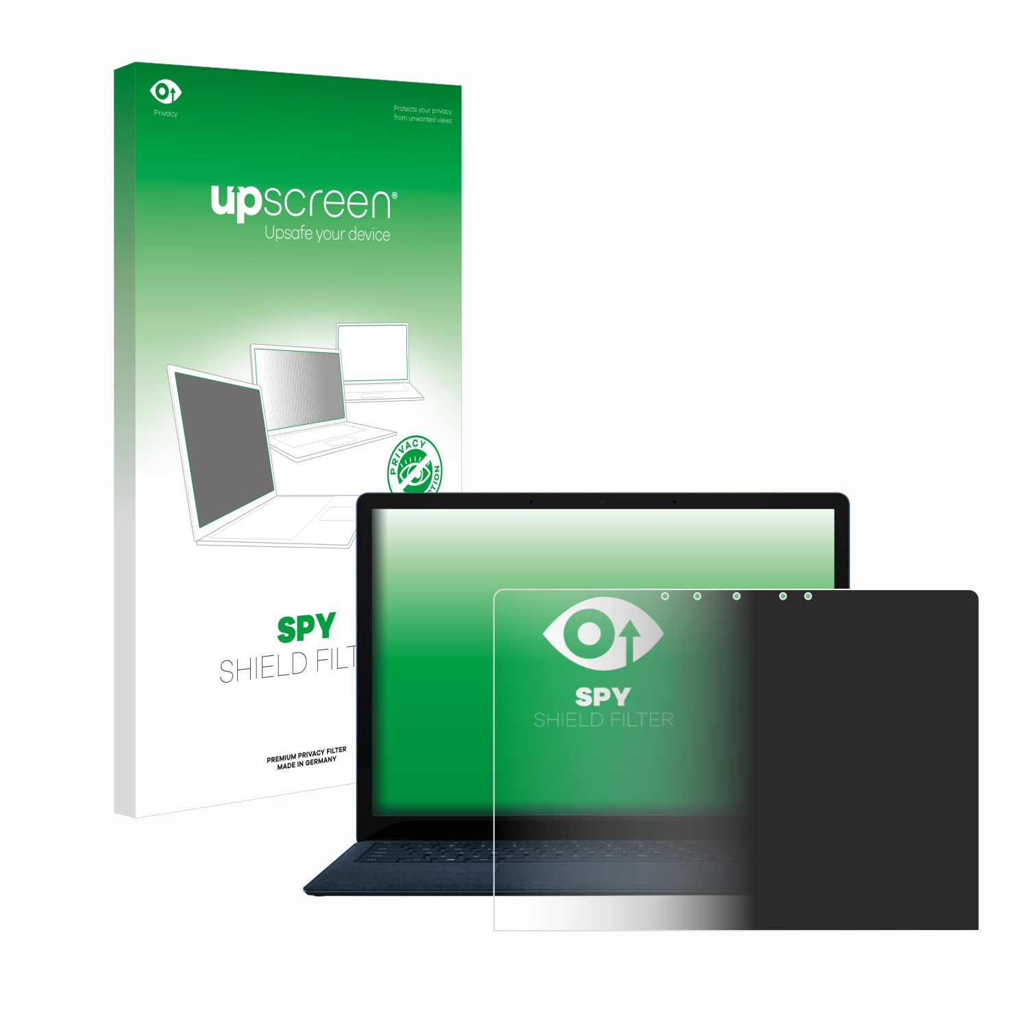 Ein Laptop und ein Blickschutzfilter. Die Box ist grün und trägt die Aufschrift "SPY SHIELD FILTER".