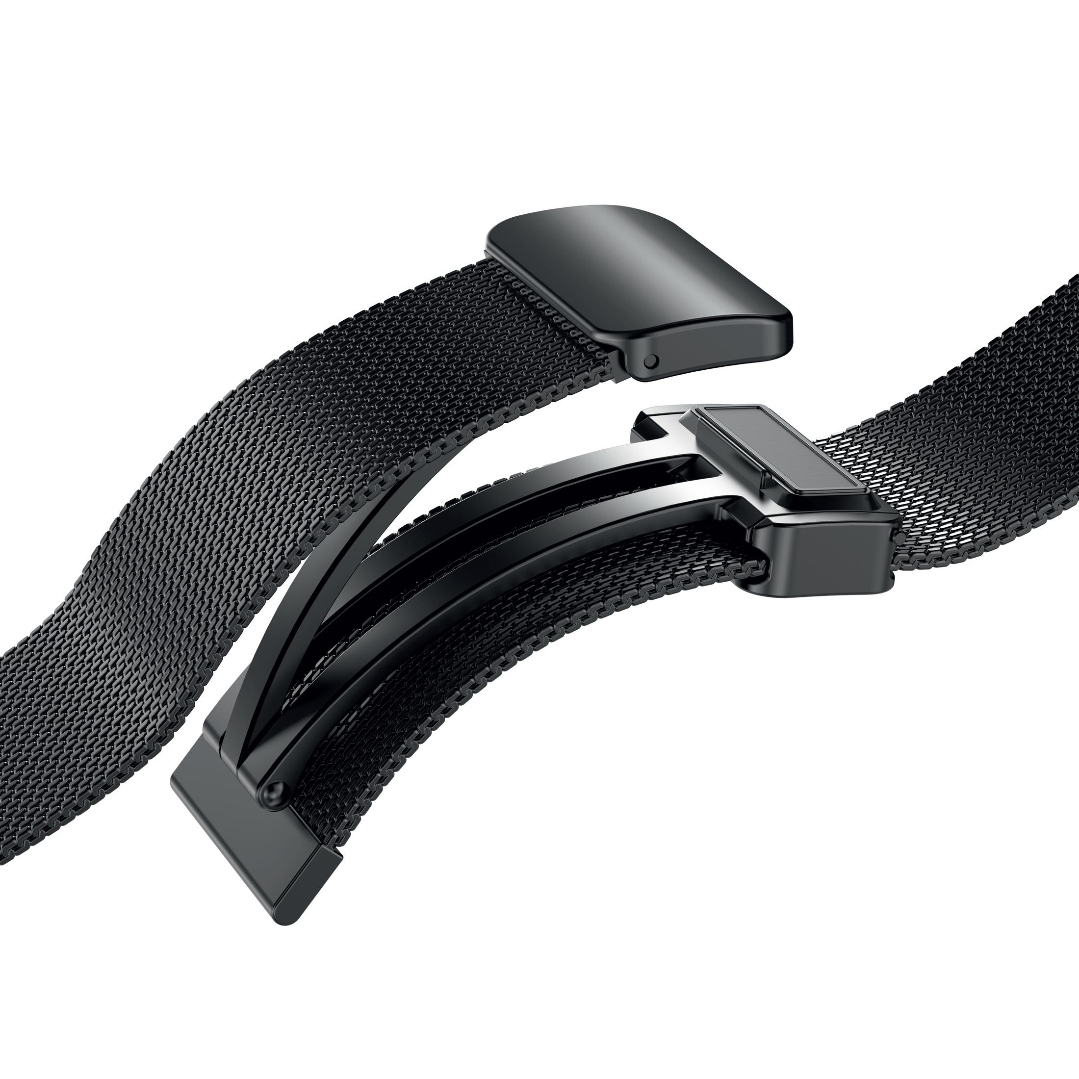 Nahaufnahme eines schwarzen Armbandverschlusses, der den ineinandergreifenden Mechanismus zeigt.