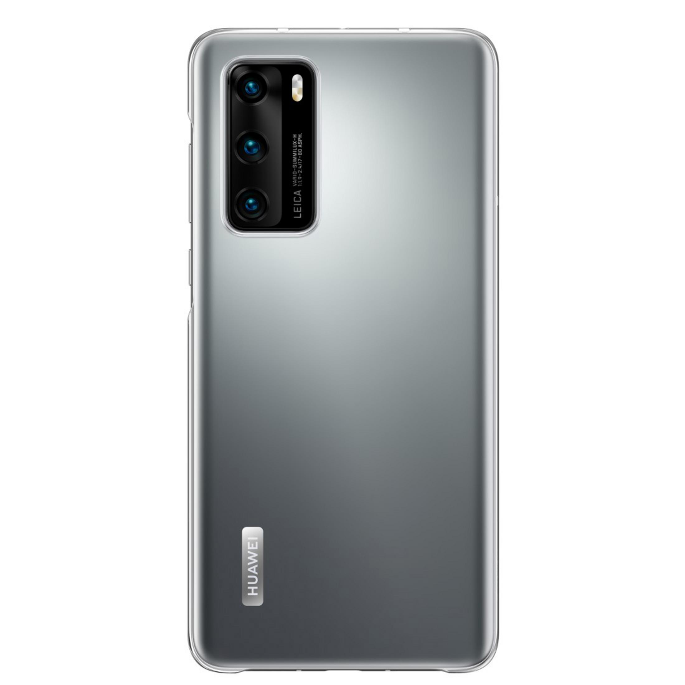 Retro del telefono argentato con più lenti della fotocamera, custodia trasparente. Il logo Huawei è in basso.