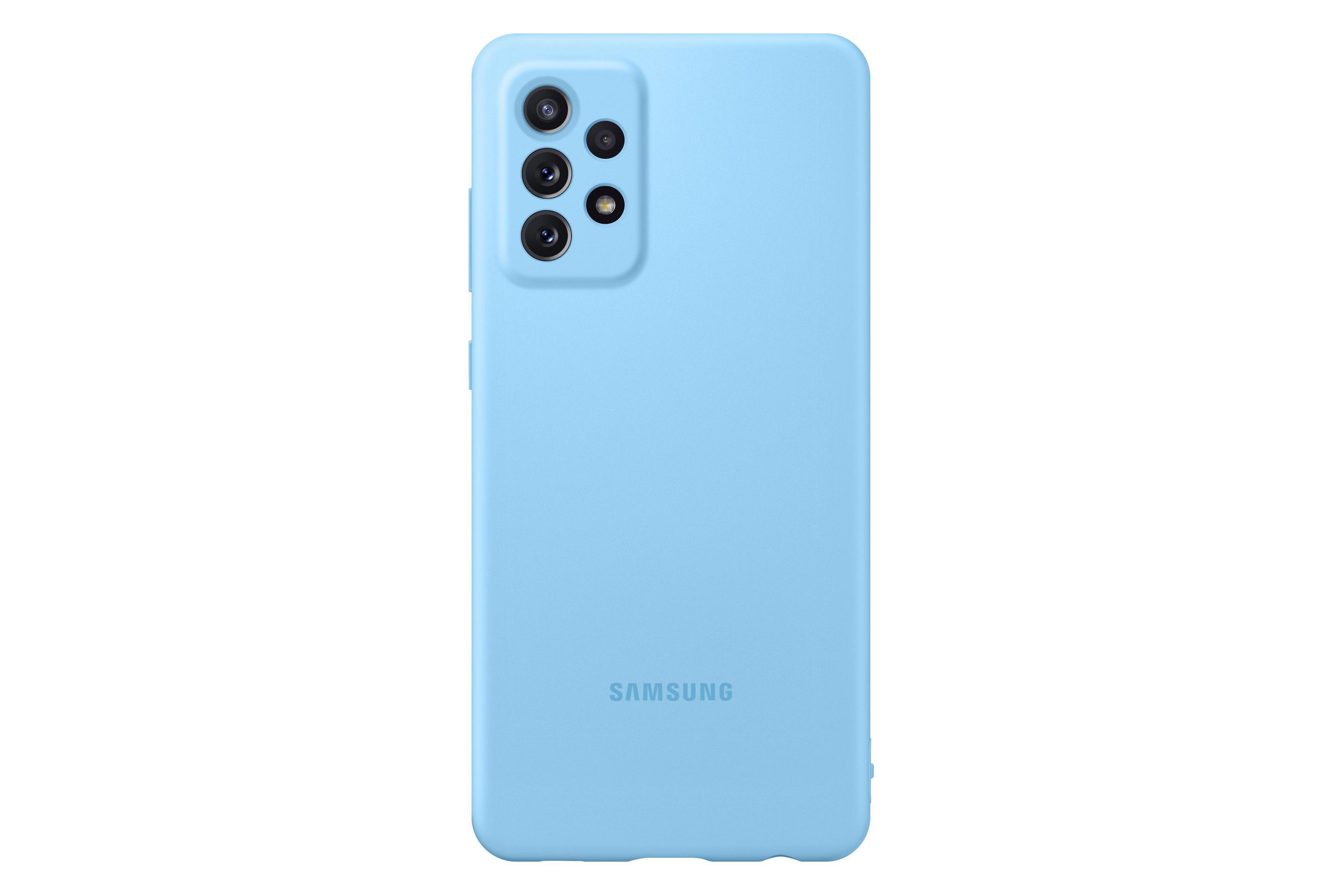 Una custodia per telefono azzurra con telefono all'interno, sfondo bianco.