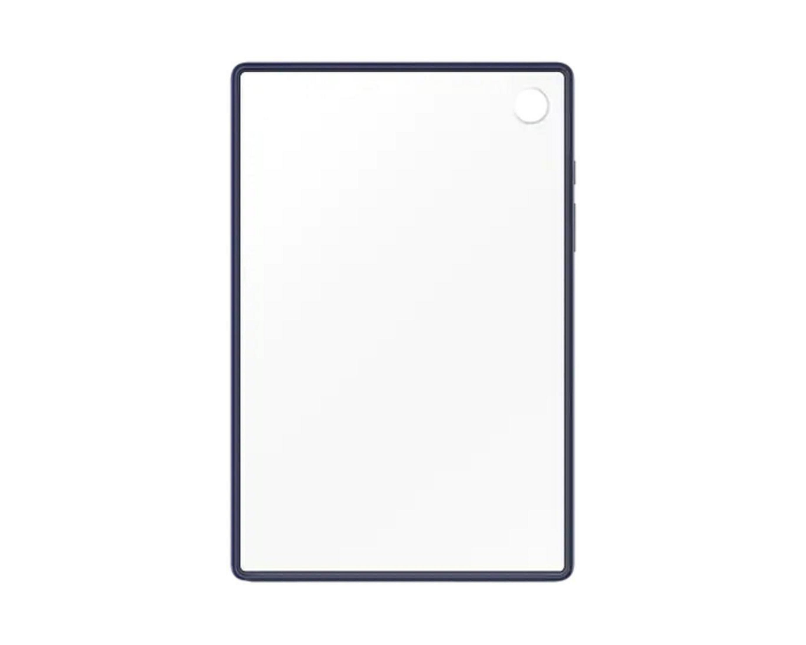 Tableta con marco azul. Pantalla blanca y botón lateral derecho.
