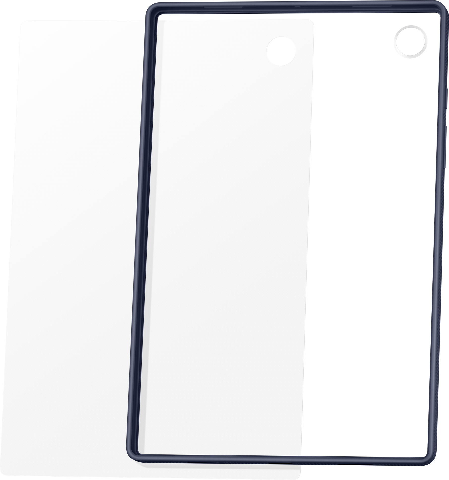 Funda de tableta con marco negro y dos hojas blancas. La funda tiene dos recortes circulares.