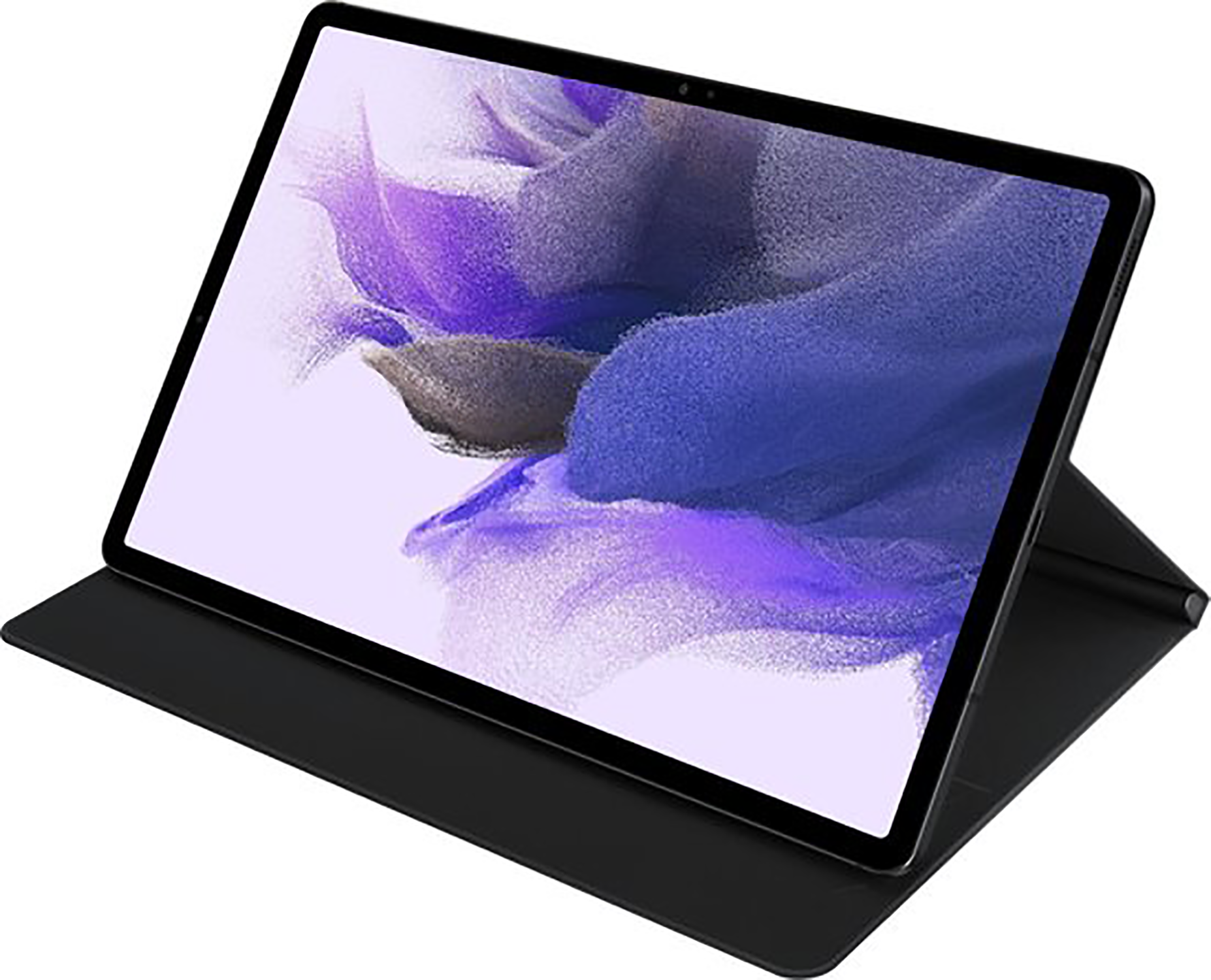 Una tableta negra con una funda y un lápiz óptico negros. La pantalla muestra una imagen colorida.