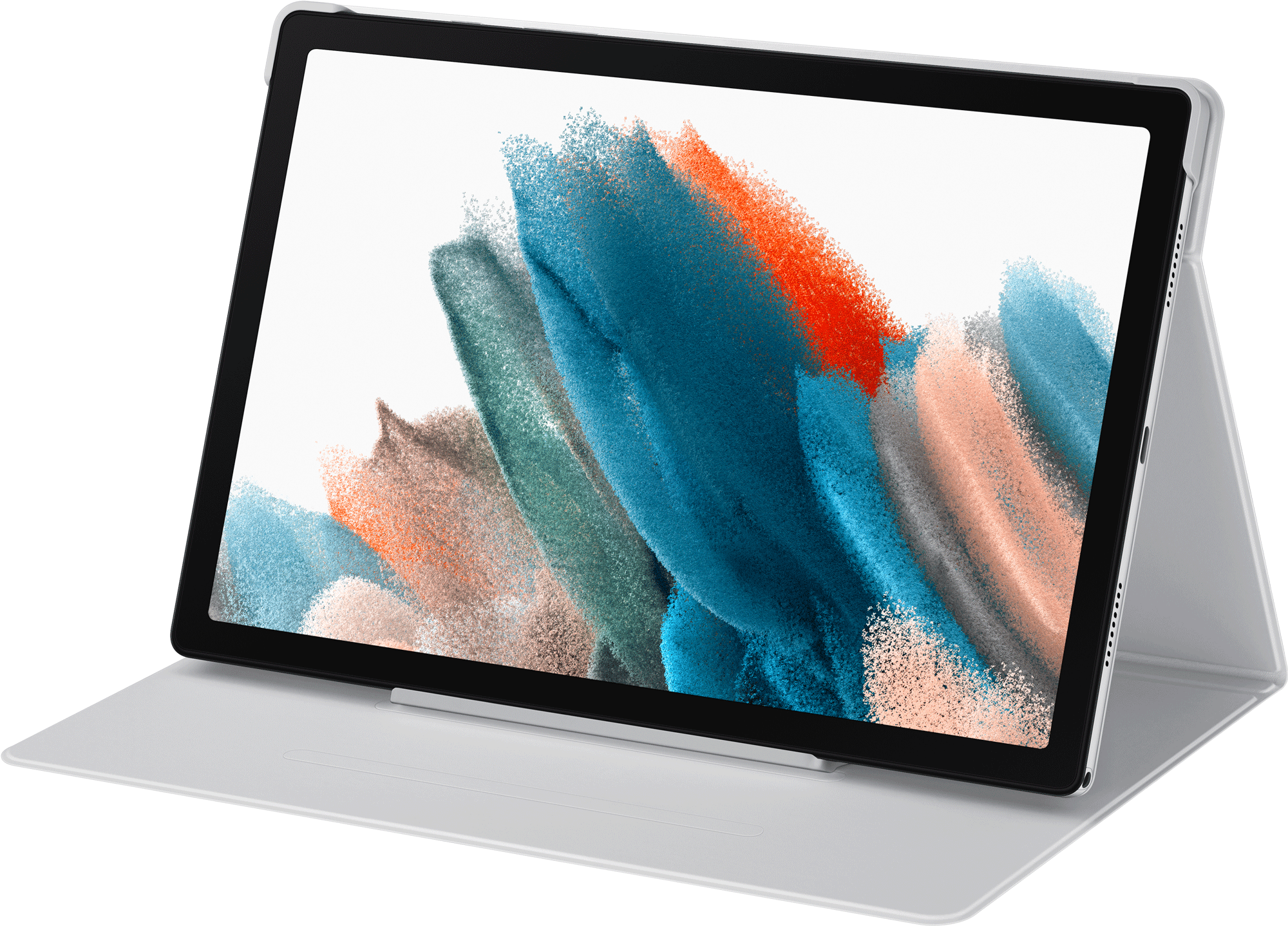 Una tableta en una funda blanca. La tableta tiene una pantalla con colores abstractos y un marco negro.