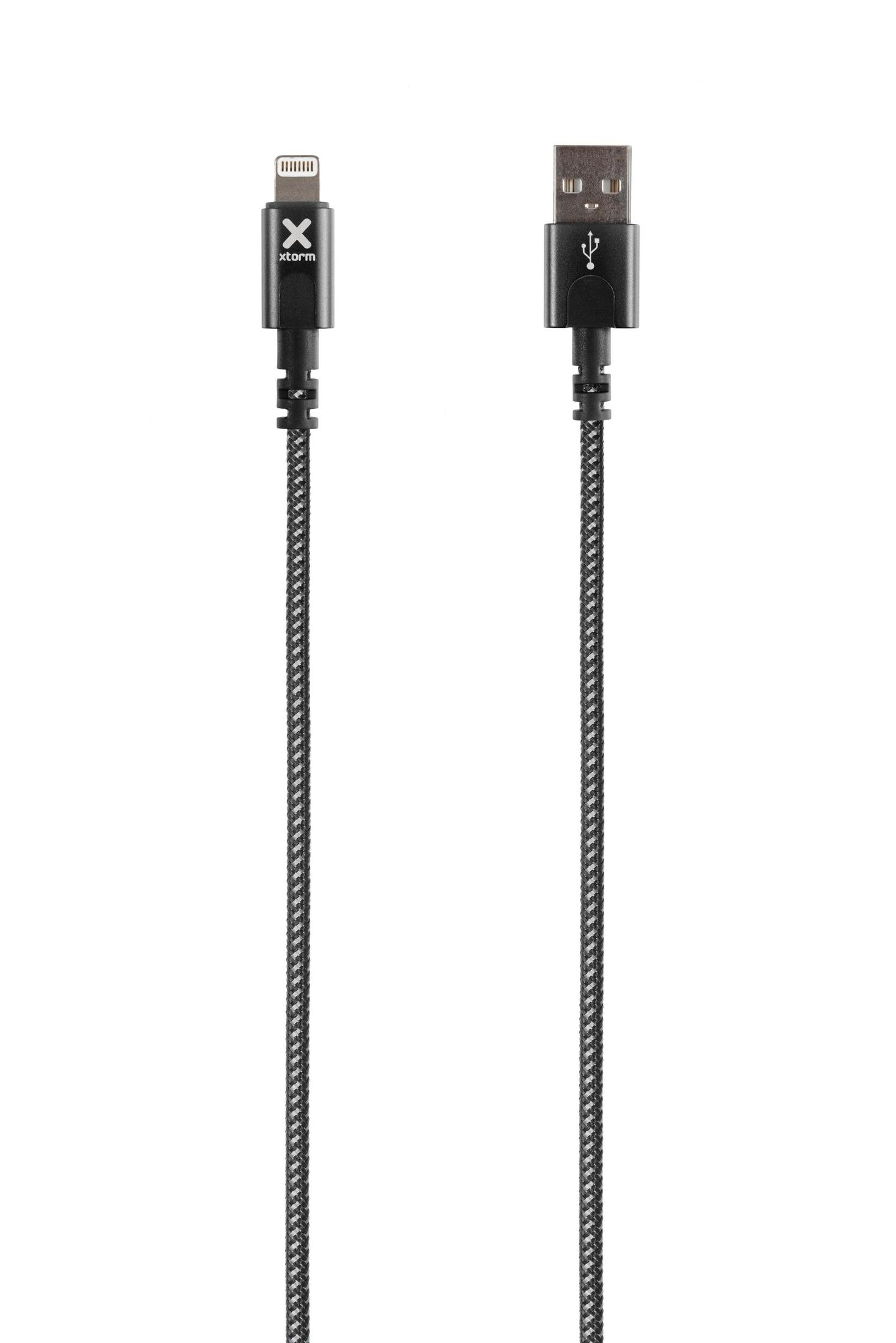 Due cavi di ricarica, uno con connettore Lightning, l'altro USB, entrambi neri e grigi.