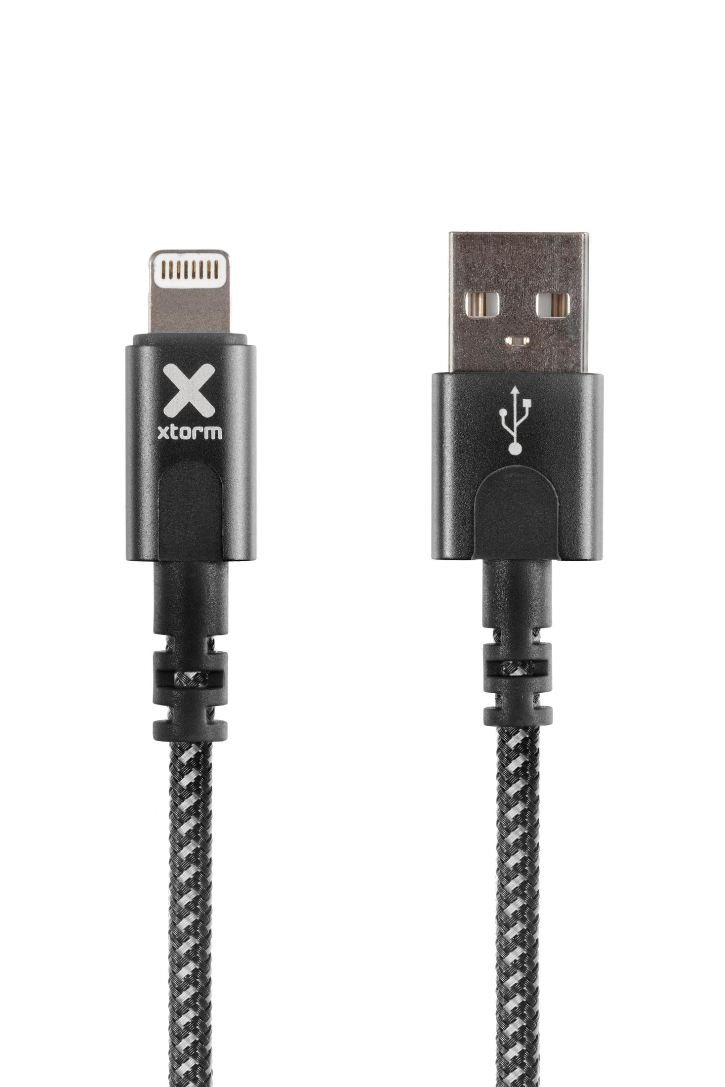 Cavo da USB a Lightning nero e grigio. L'estremità Lightning ha il logo del marchio e l'estremità USB un simbolo.
