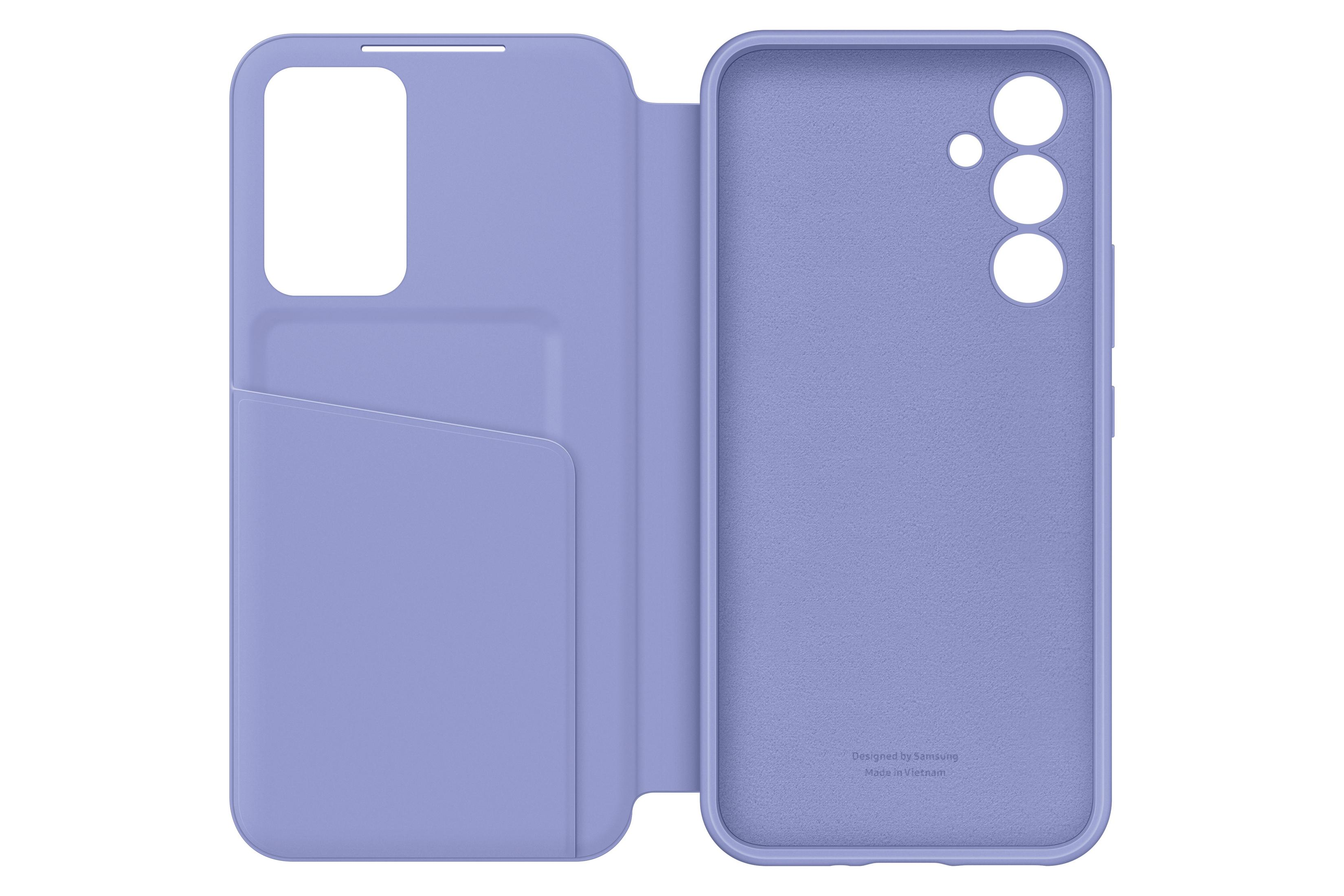 Fioletowe etui na telefon, otwarte, pokazujące wnętrze i gniazdo na telefon.