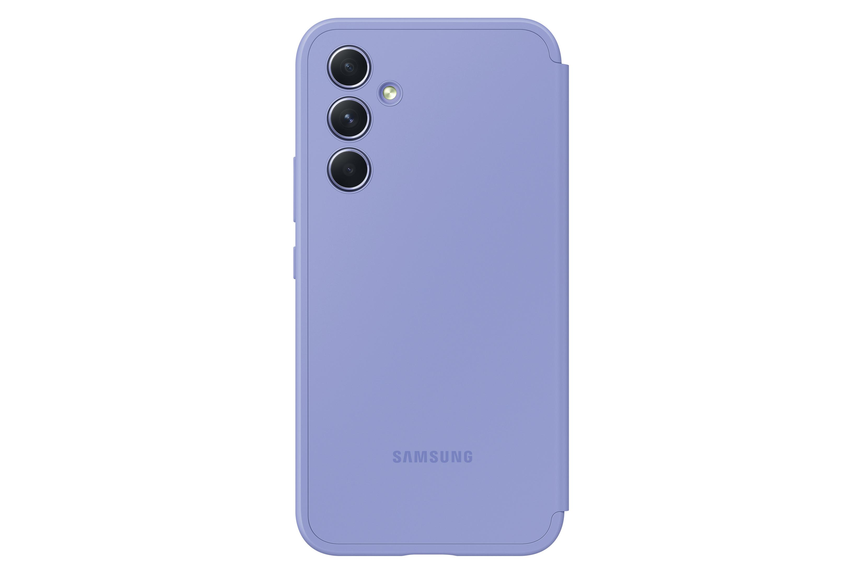 Fioletowe etui na telefon z trzema aparatami. Logo Samsung na dole.