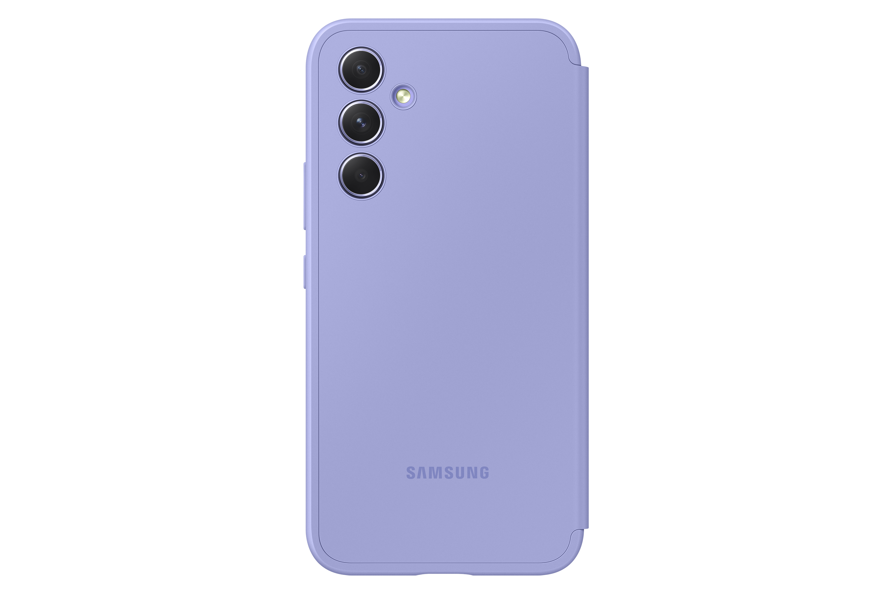 Fioletowe etui na telefon. Zawiera trzy aparaty, lampę błyskową i logo Samsung. Czarne tło.