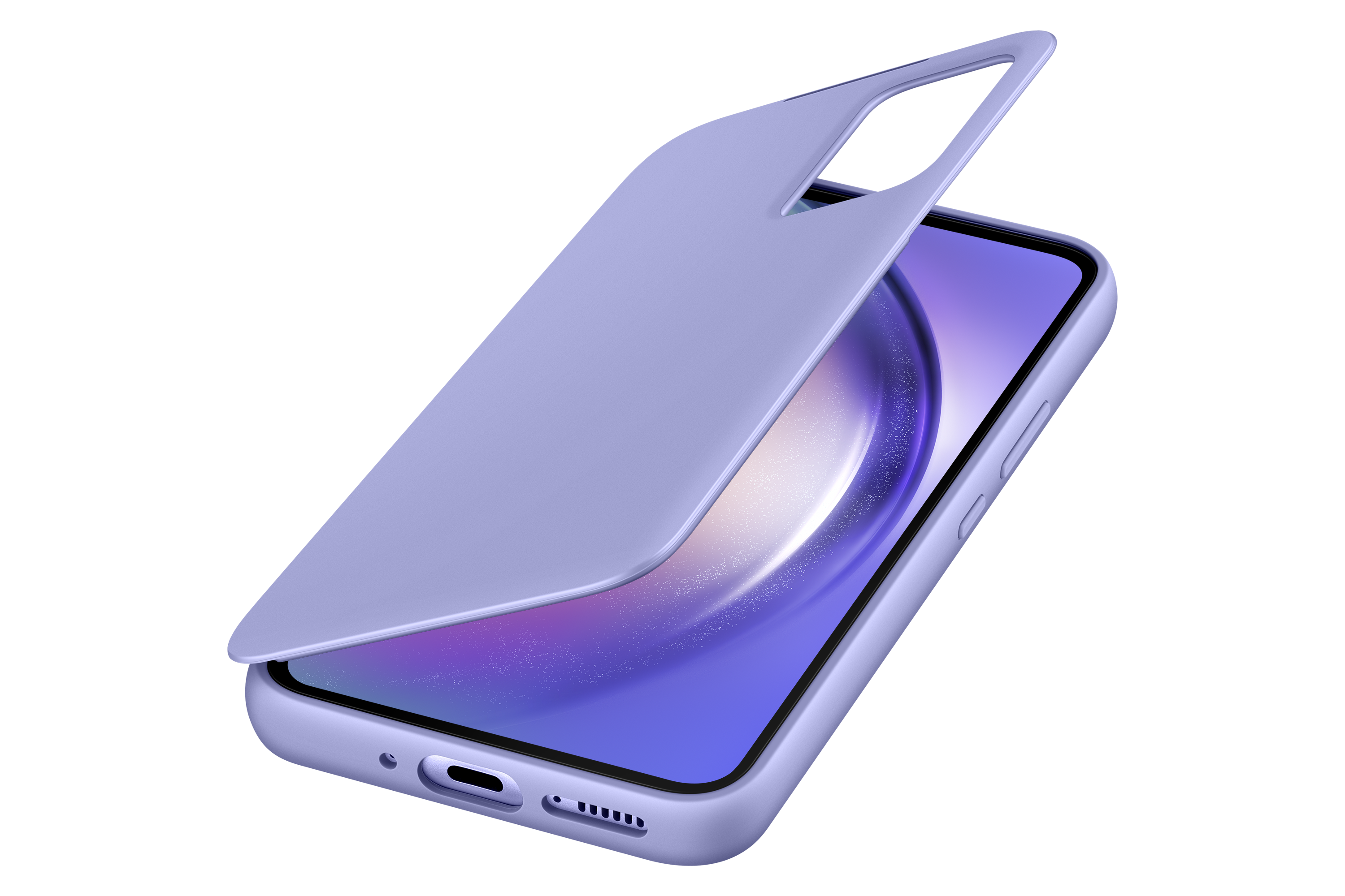 Jasnofioletowe etui na telefon nakładane na telefon. Czarne tło.