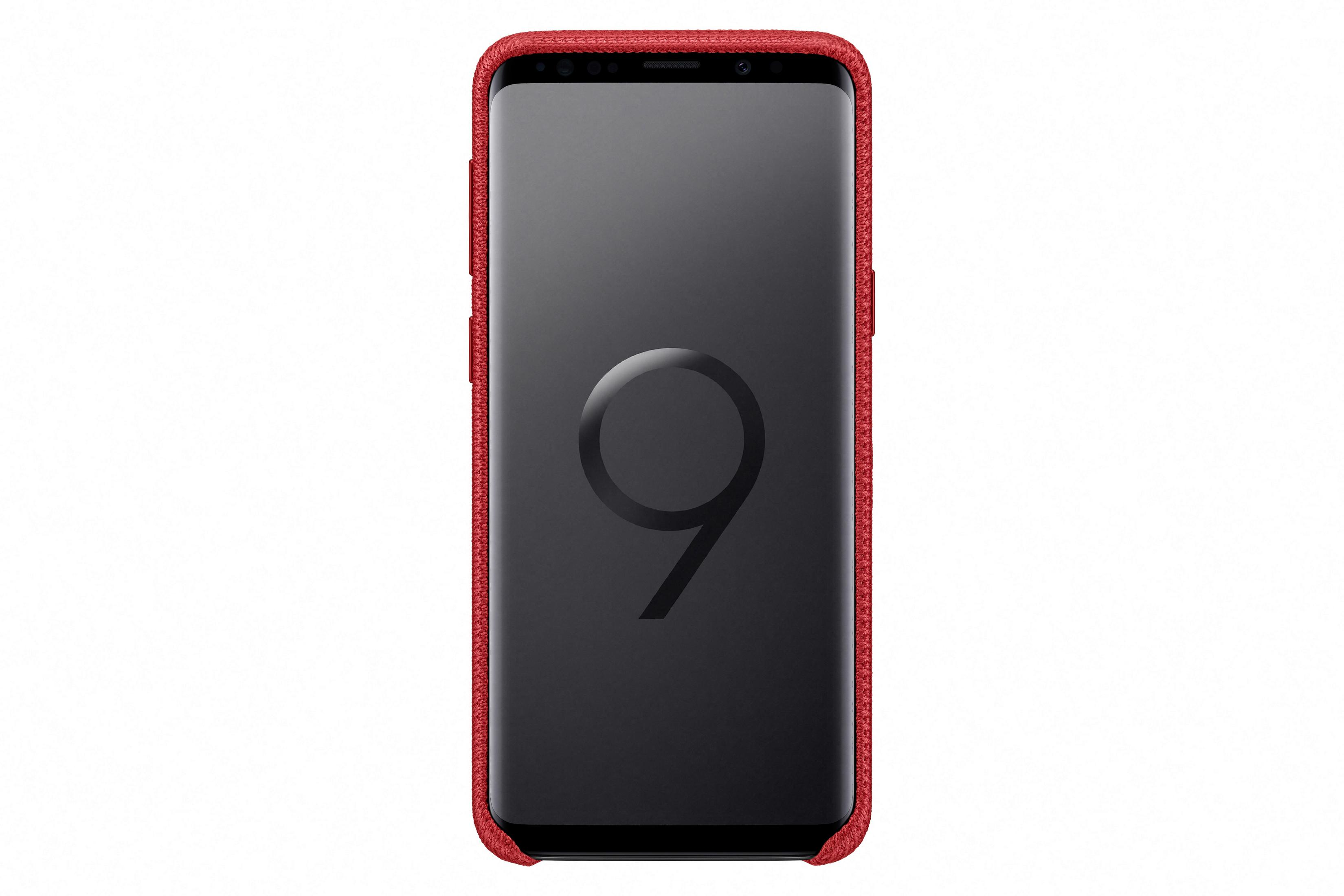 Telefono nero con custodia rossa, mostra un grande 9 sullo schermo.