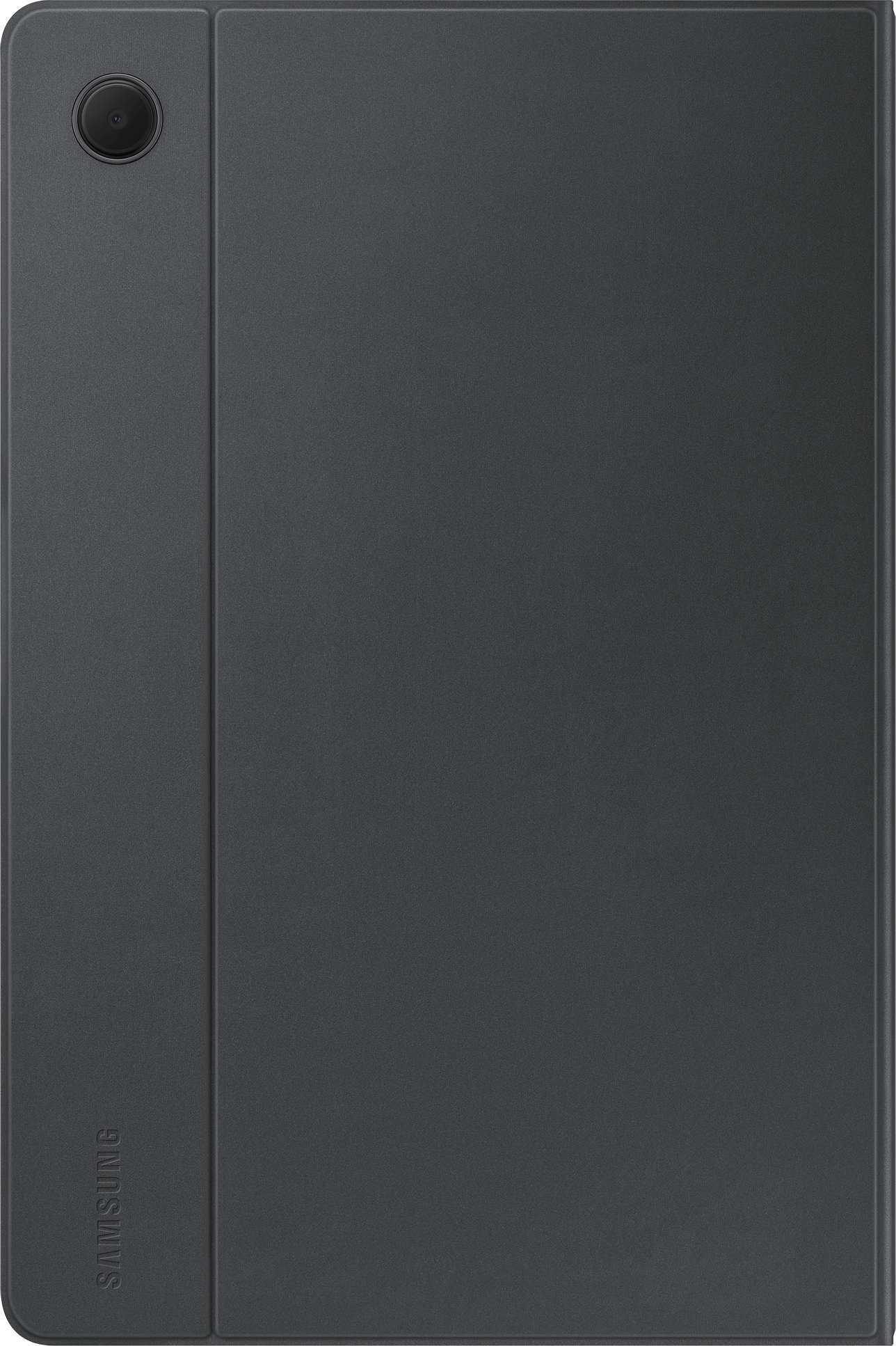 Ciemnoszare etui na tablet z otworem na aparat i logo SAMSUNG. Etui jest zamknięte.