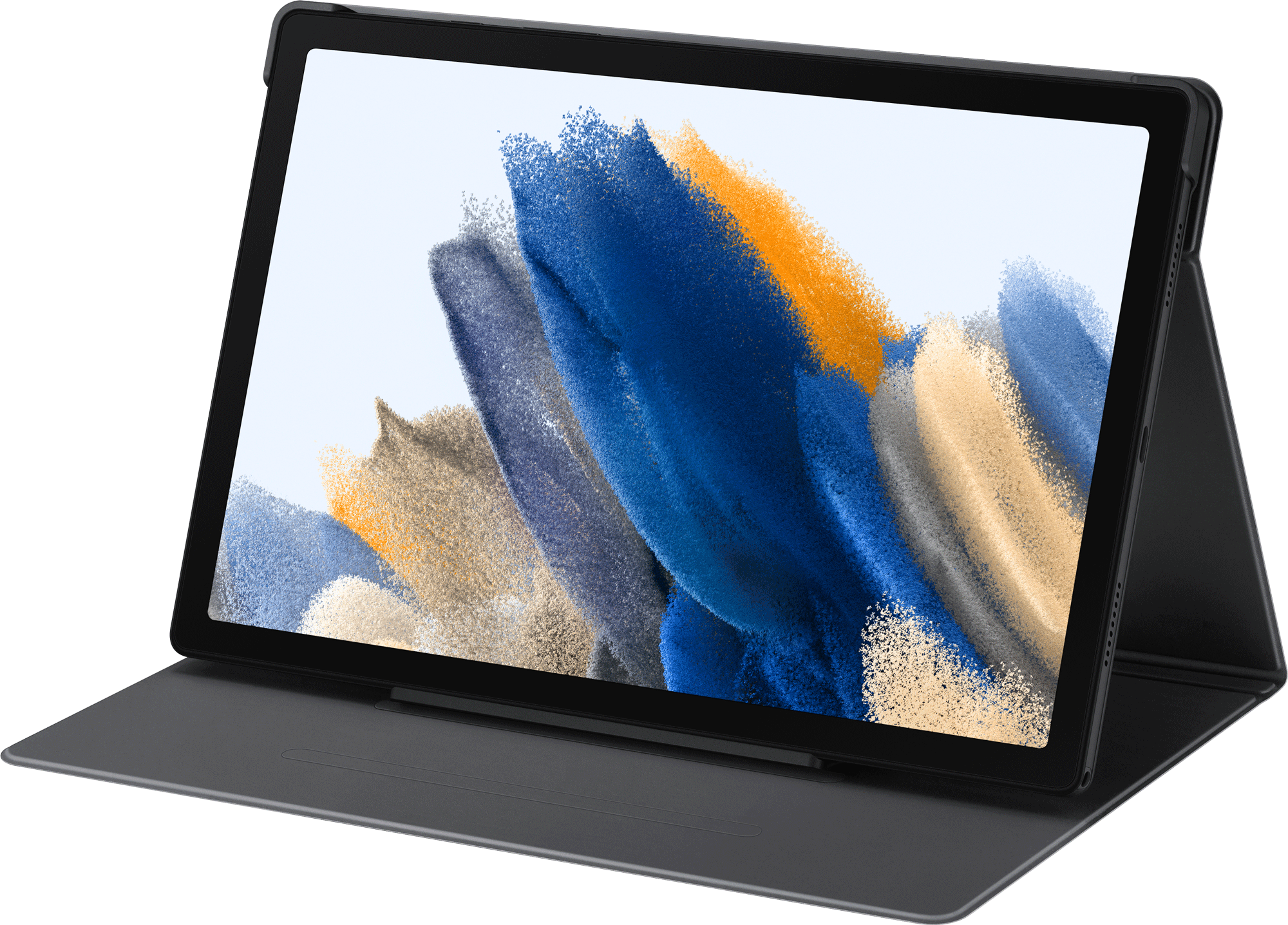 Czarny tablet w etui, z ekranem wyświetlającym abstrakcyjny, kolorowy obraz.