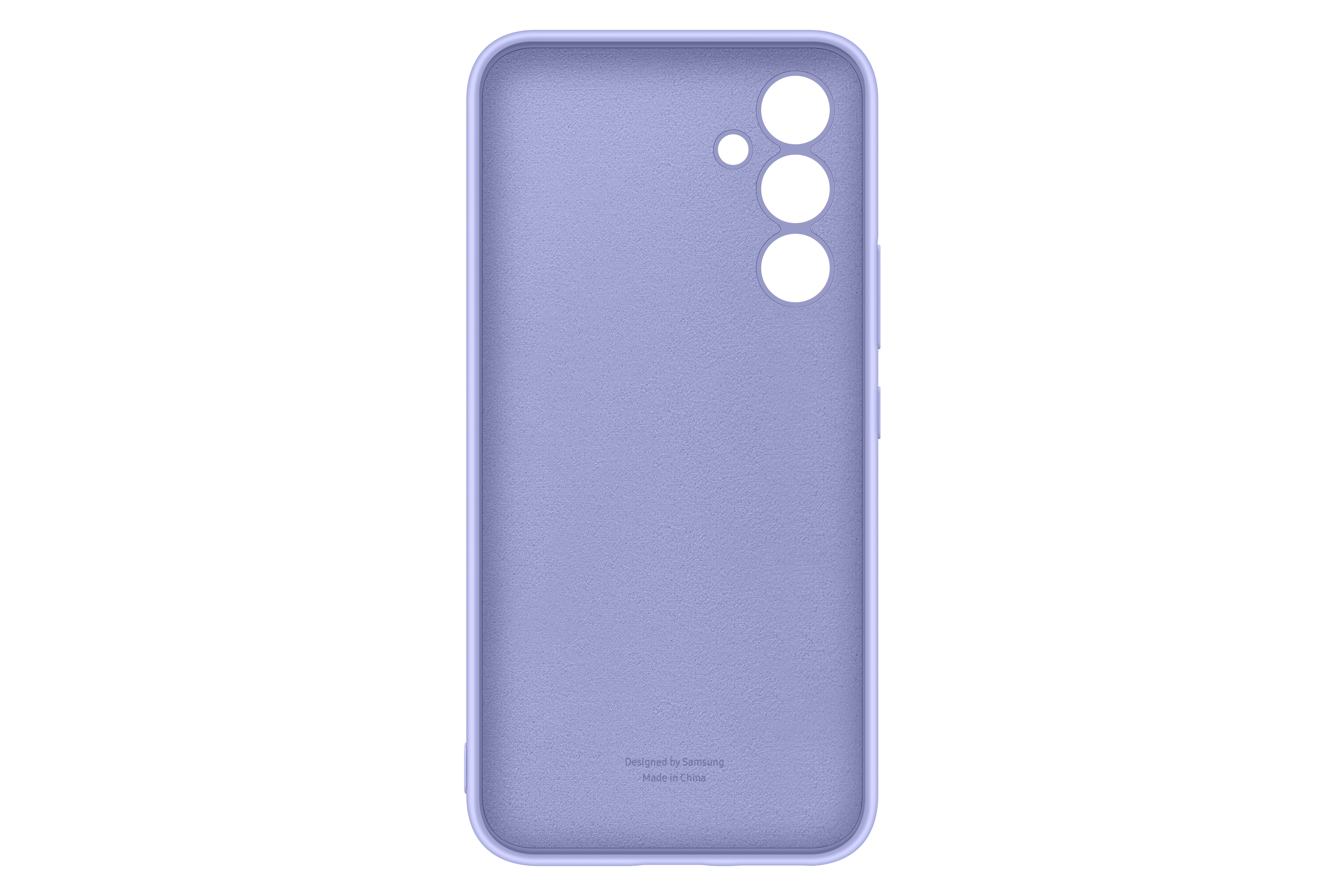 Fioletowe etui na telefon z trzema otworami na aparat i logo Samsung, na czarnym tle.