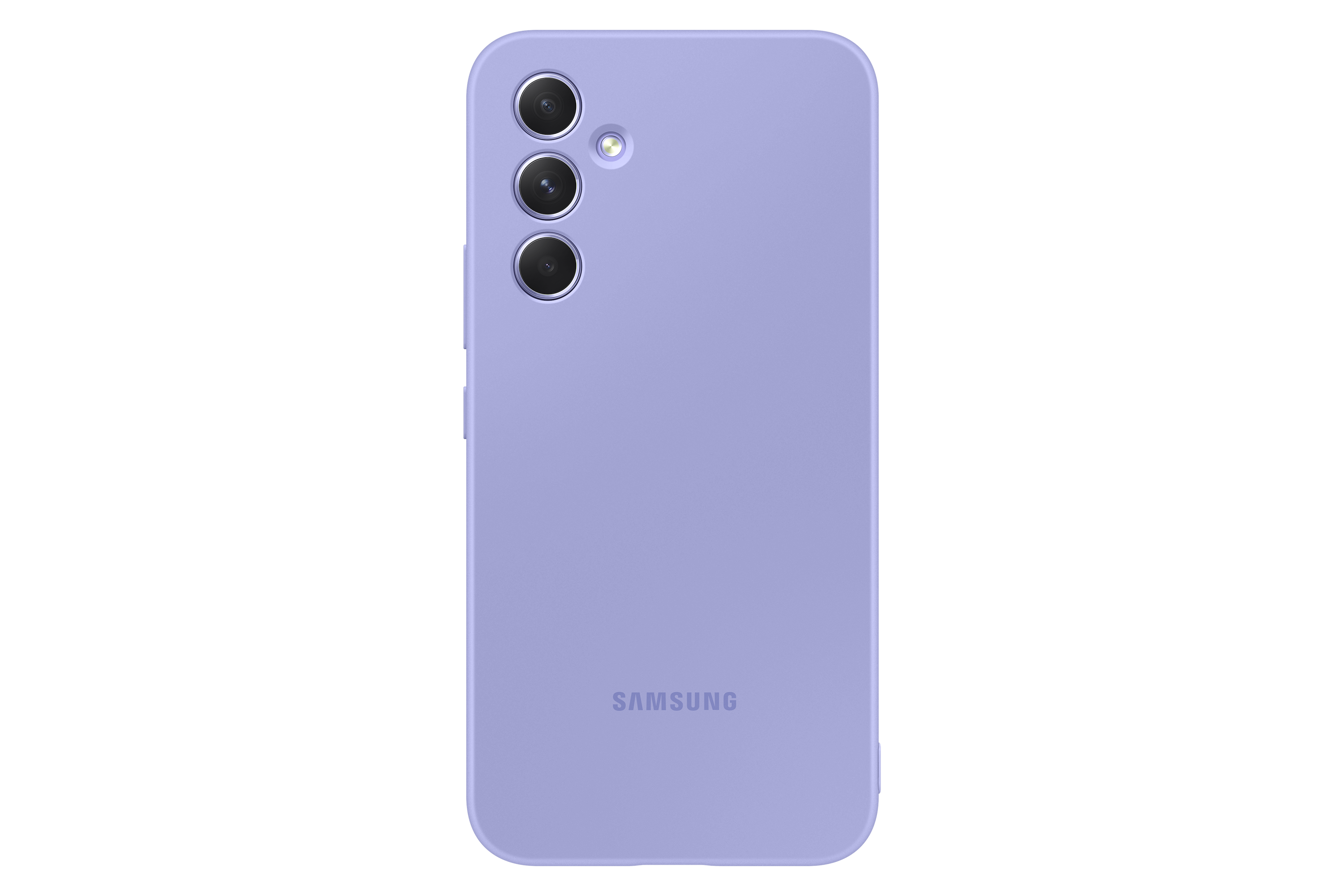 Fioletowe etui na telefon z trzema obiektywami aparatu. Logo Samsung znajduje się na dole.