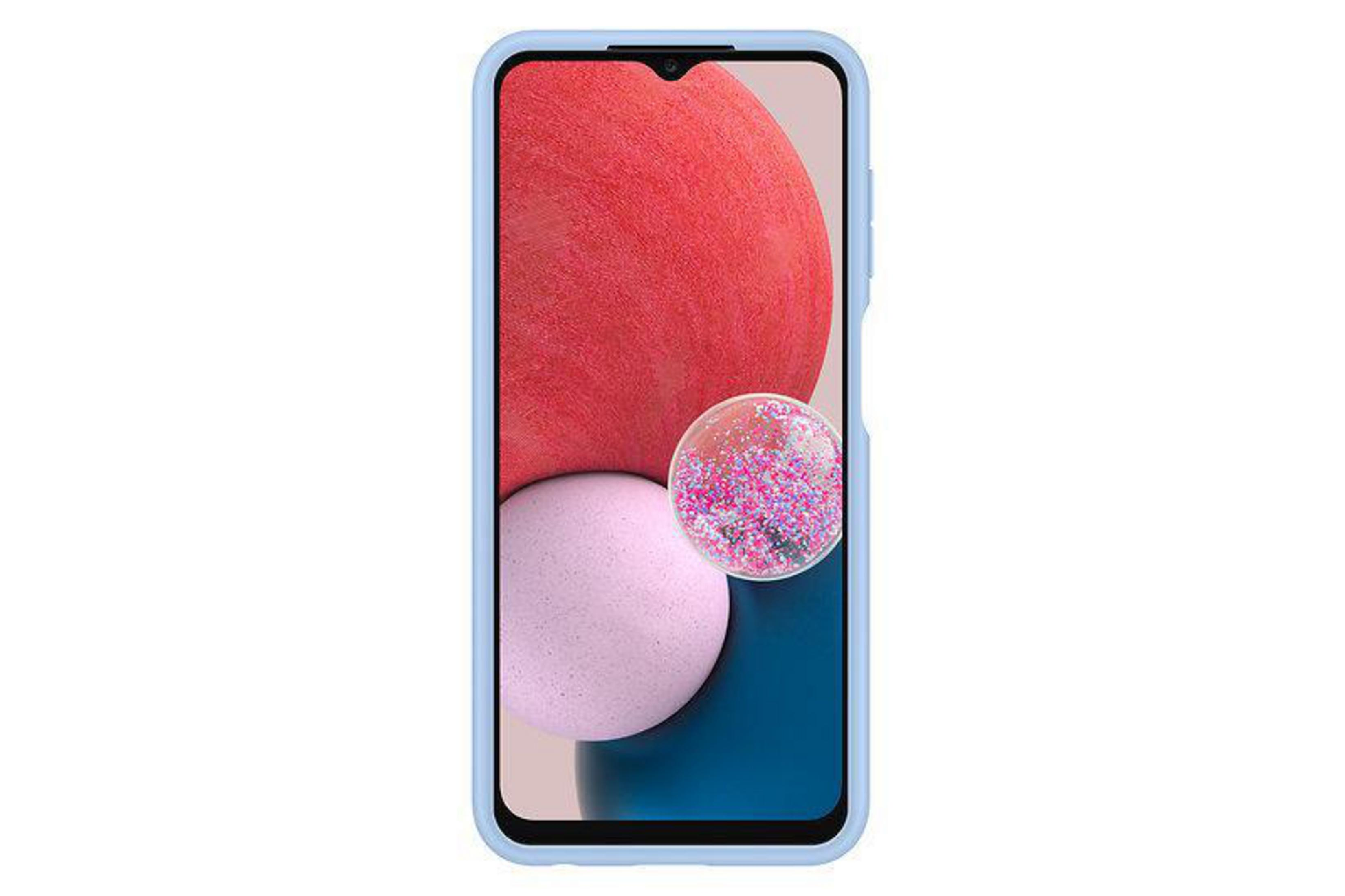 Blaue Handyhülle mit rotem, rosa und blauem Design auf dem Bildschirm. Weißer Hintergrund.