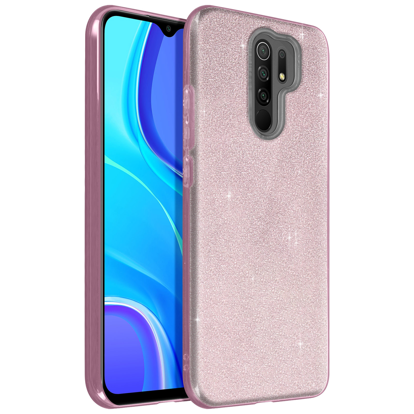 Een roze glitter telefoonhoes met de telefoon aan de linkerkant. De camera aan de rechterkant.