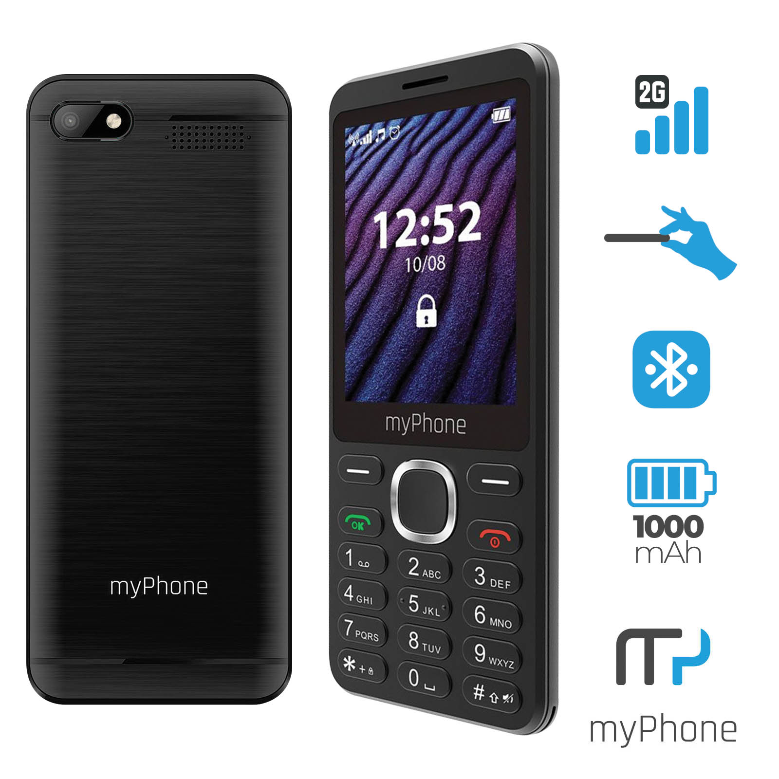 Zwei myPhones, eines schwarz, eines mit Bildschirm, der 12:52 und gesperrt anzeigt. Symbole für Funktionen.
