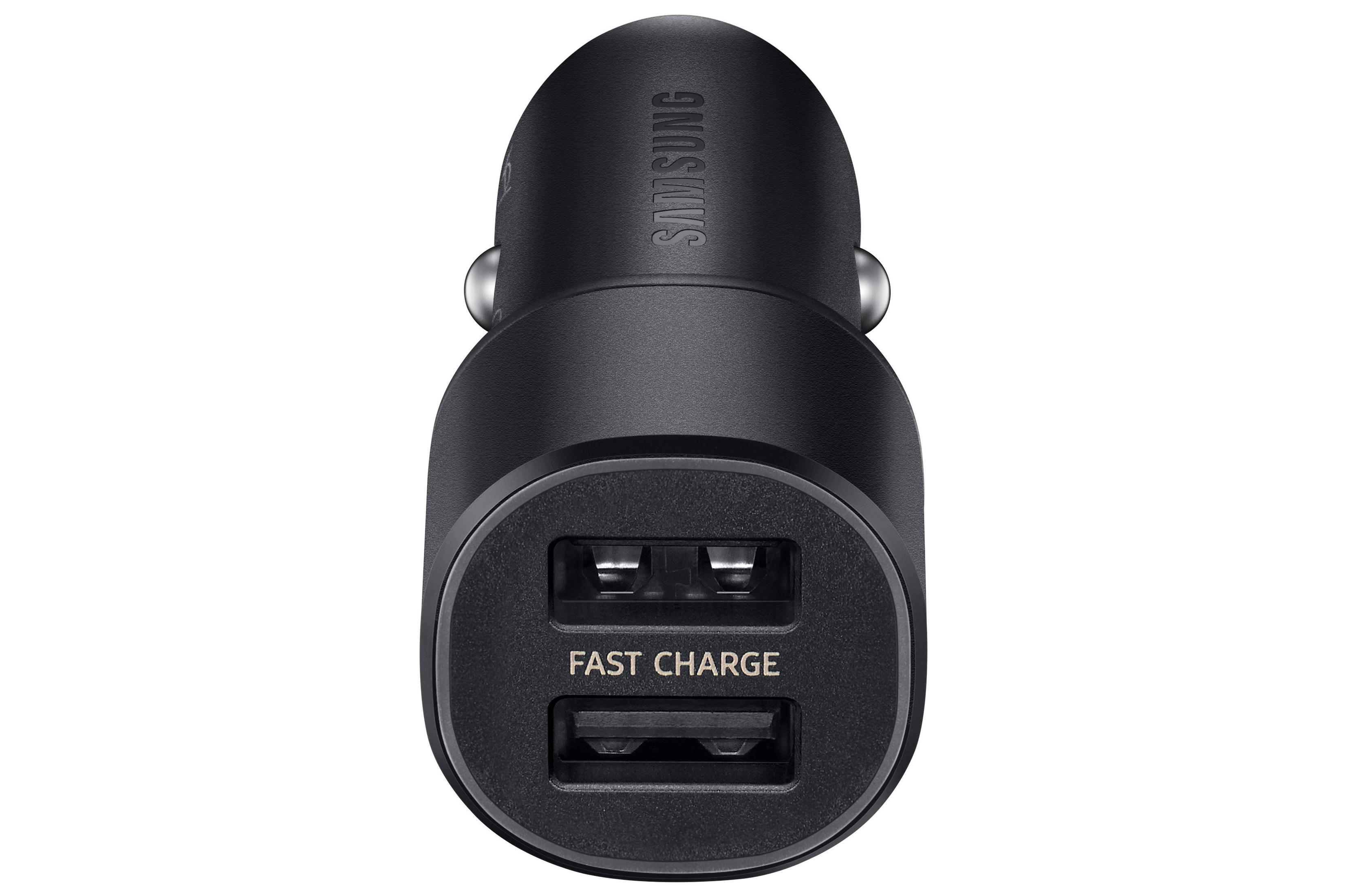 Cargador de coche negro con dos puertos USB etiquetados 'FAST CHARGE' y el logotipo de Samsung.