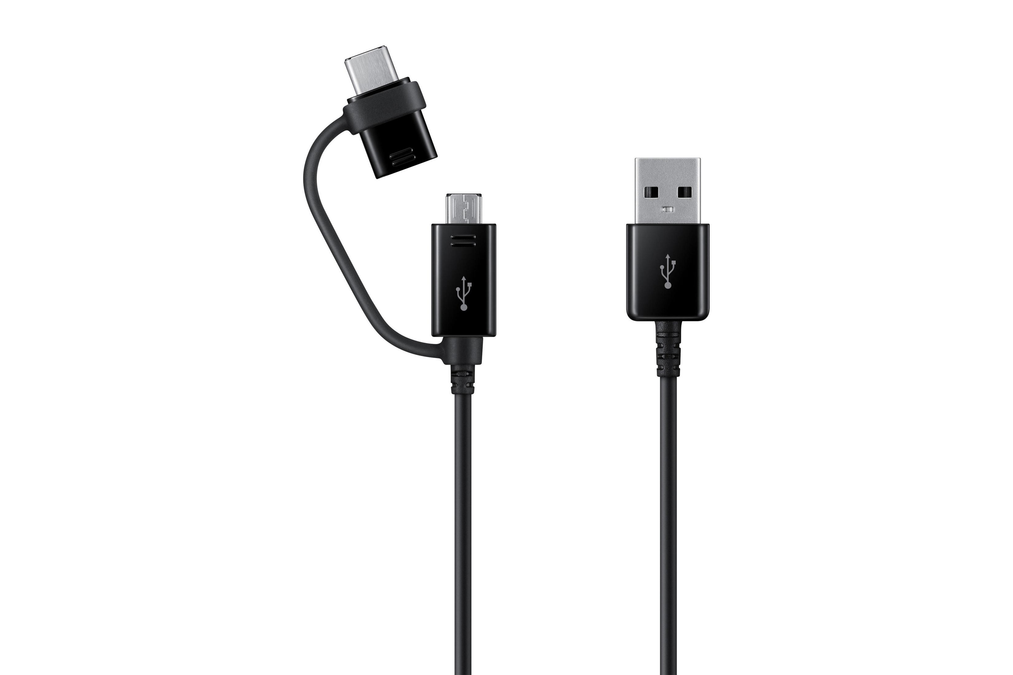 Cable de carga negro con conectores USB-C, micro-USB y USB-A sobre fondo blanco.