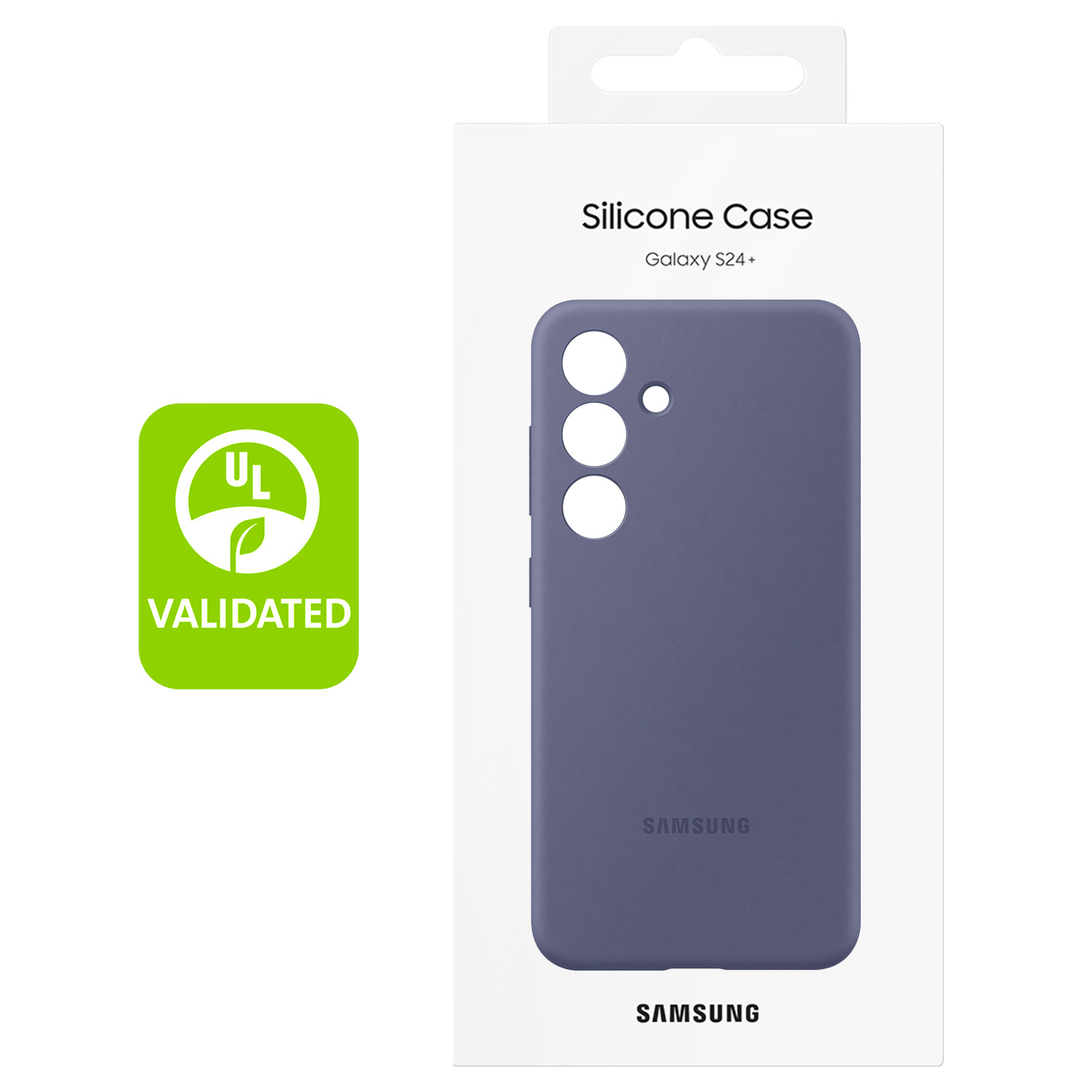 Una caja de funda de teléfono con una funda morada y una pegatina Validada por UL.