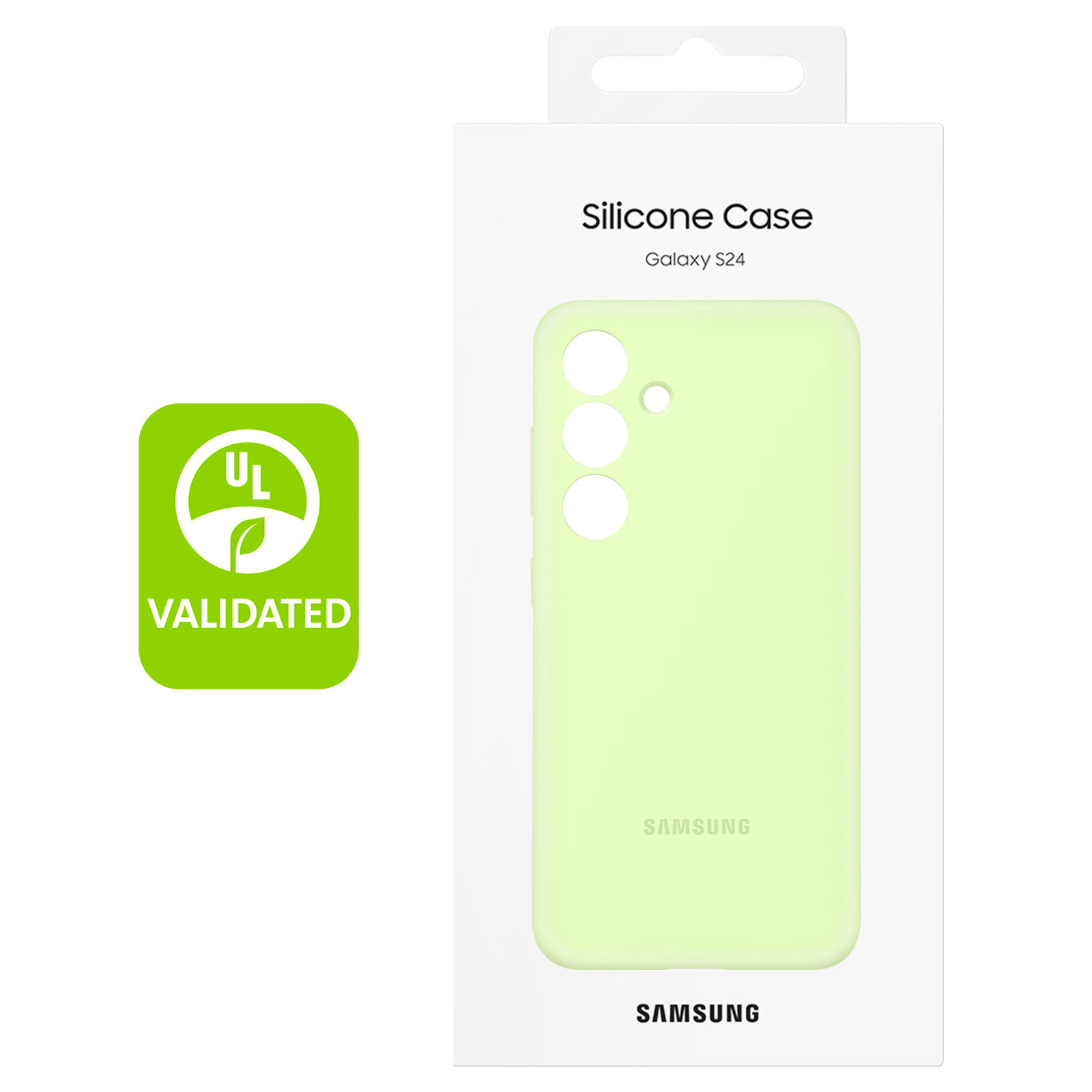 Een lichtgroene telefoonhoes in een witte doos met UL-logo.