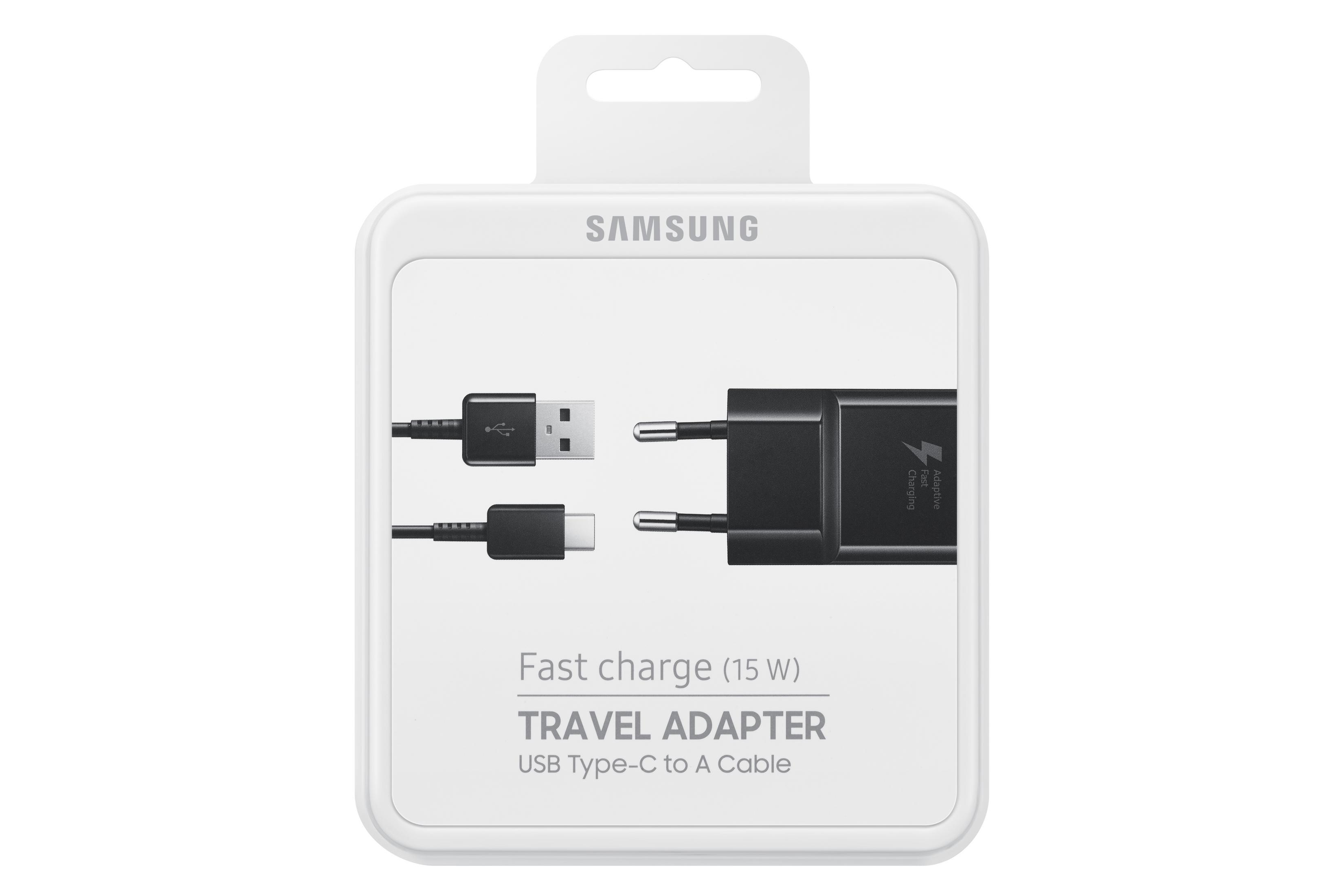 Witte Samsung reisadapterbox met een USB-C naar A-kabel en een oplaadkop.