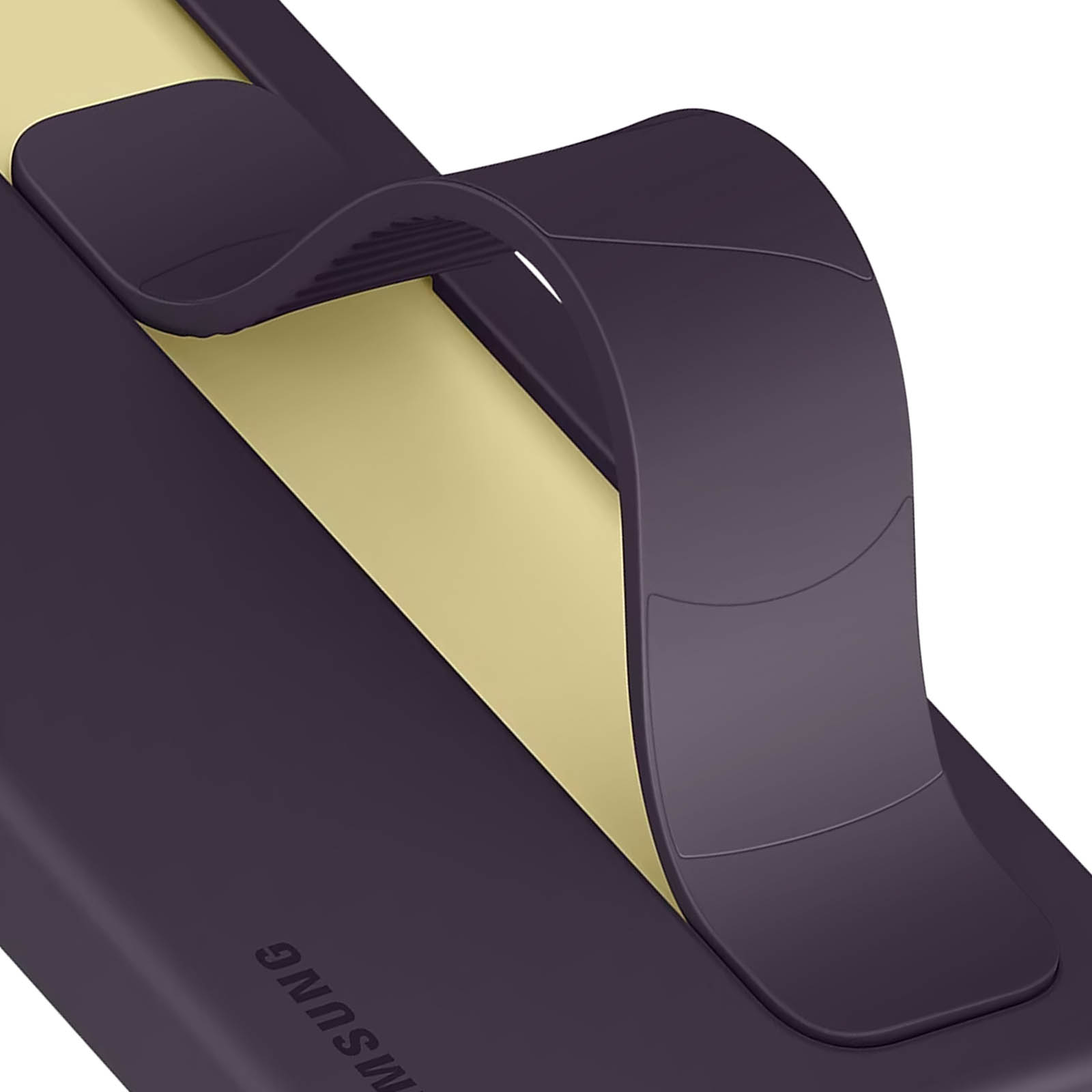 Custodia viola per telefono con design curvo, interno beige, logo Samsung visibile.