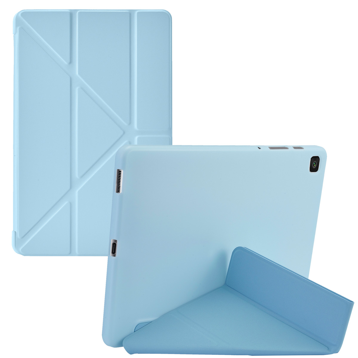 A light blue tablet case, with a front cover folded to form a stand. Another case is open, revealing the tablet.
