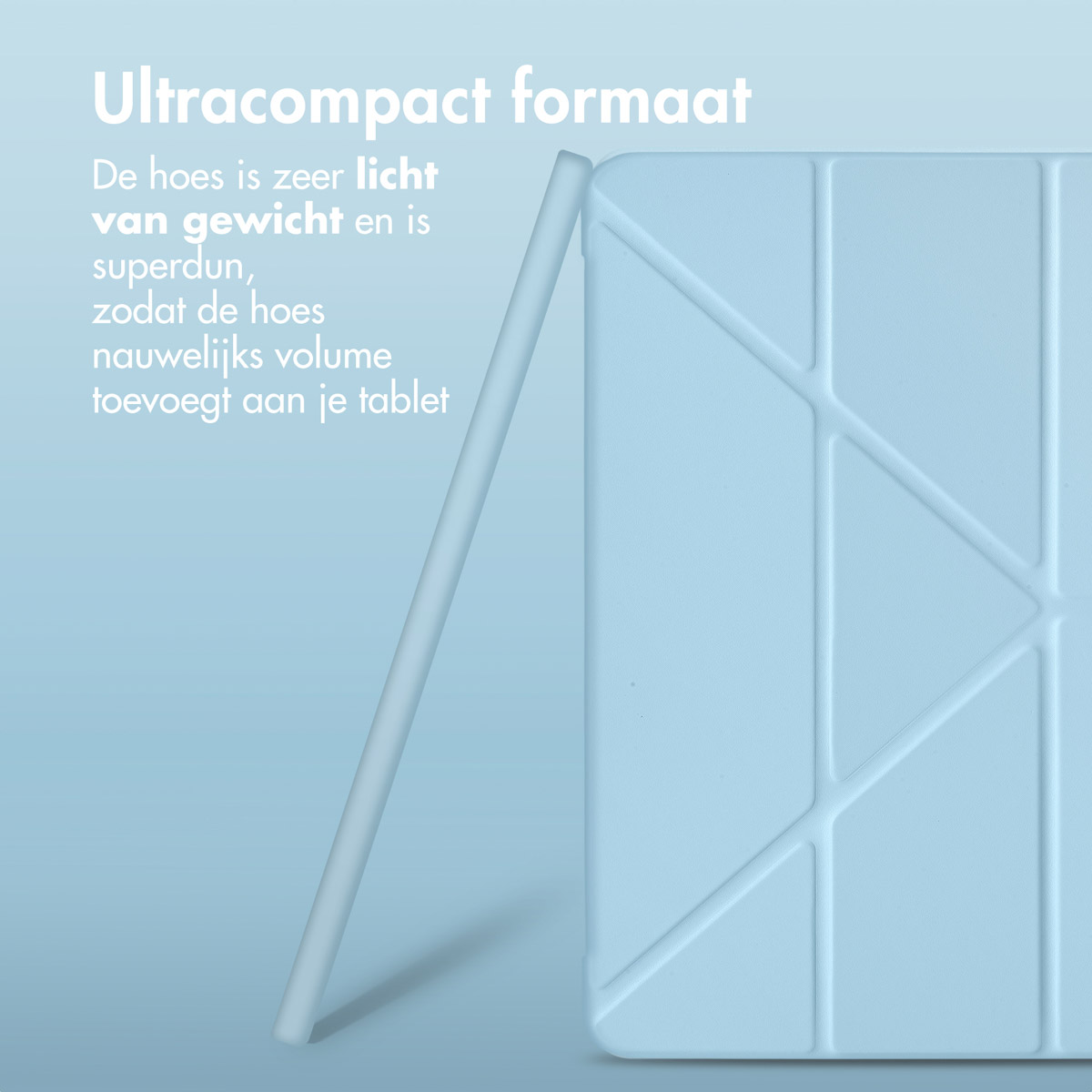 Light blue tablet case, open, with a stylus. Text about lightness and thinness.