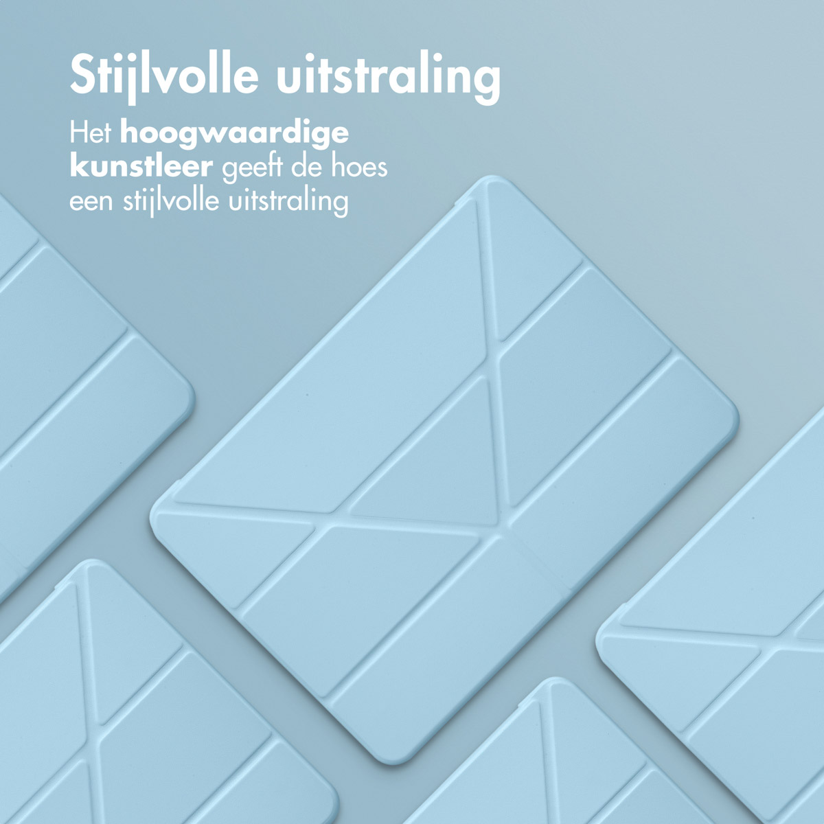 Light blue tablet cases, close up, with a geometric design. Text about style.