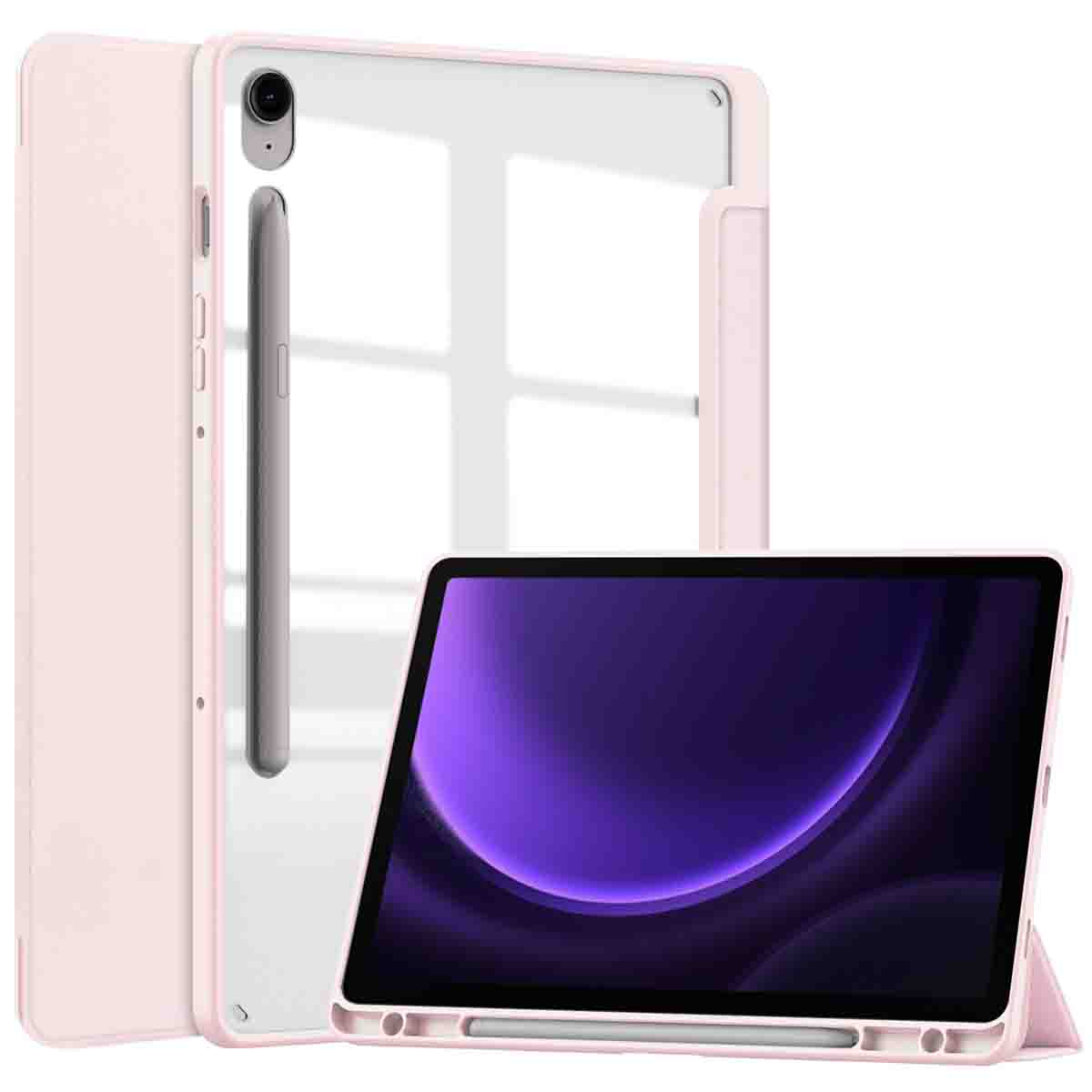 Roze tablet case met een transparante achterkant, en een tablet met een paars scherm.