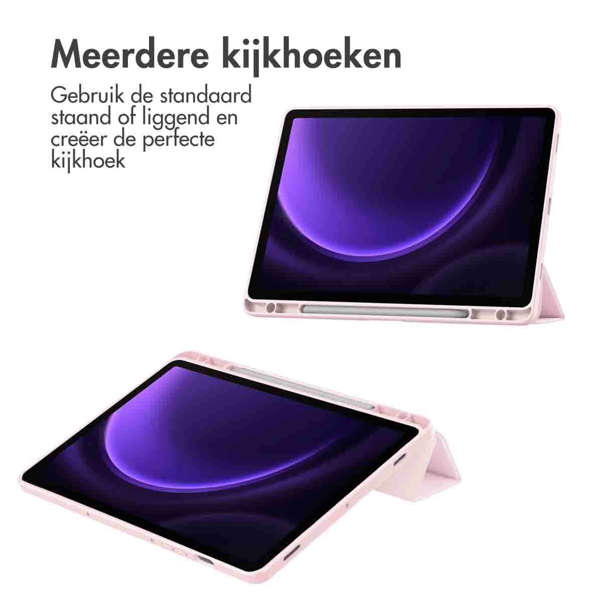 Twee tablets in hoesjes, één omhooggeklapt. Nederlandse tekst beschrijft meerdere kijkhoeken.