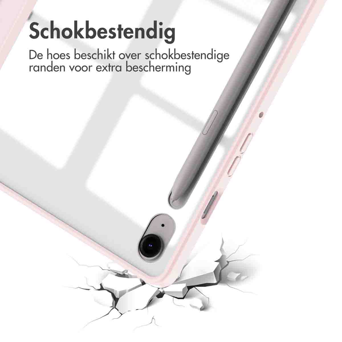 Roze tablethoes met pen, met scheuren eronder. Tekst: schokbestendig.