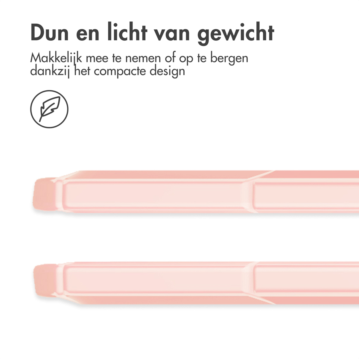 Twee roze, dunne, rechthoekige objecten op een witte achtergrond, met tekst over compact ontwerp.