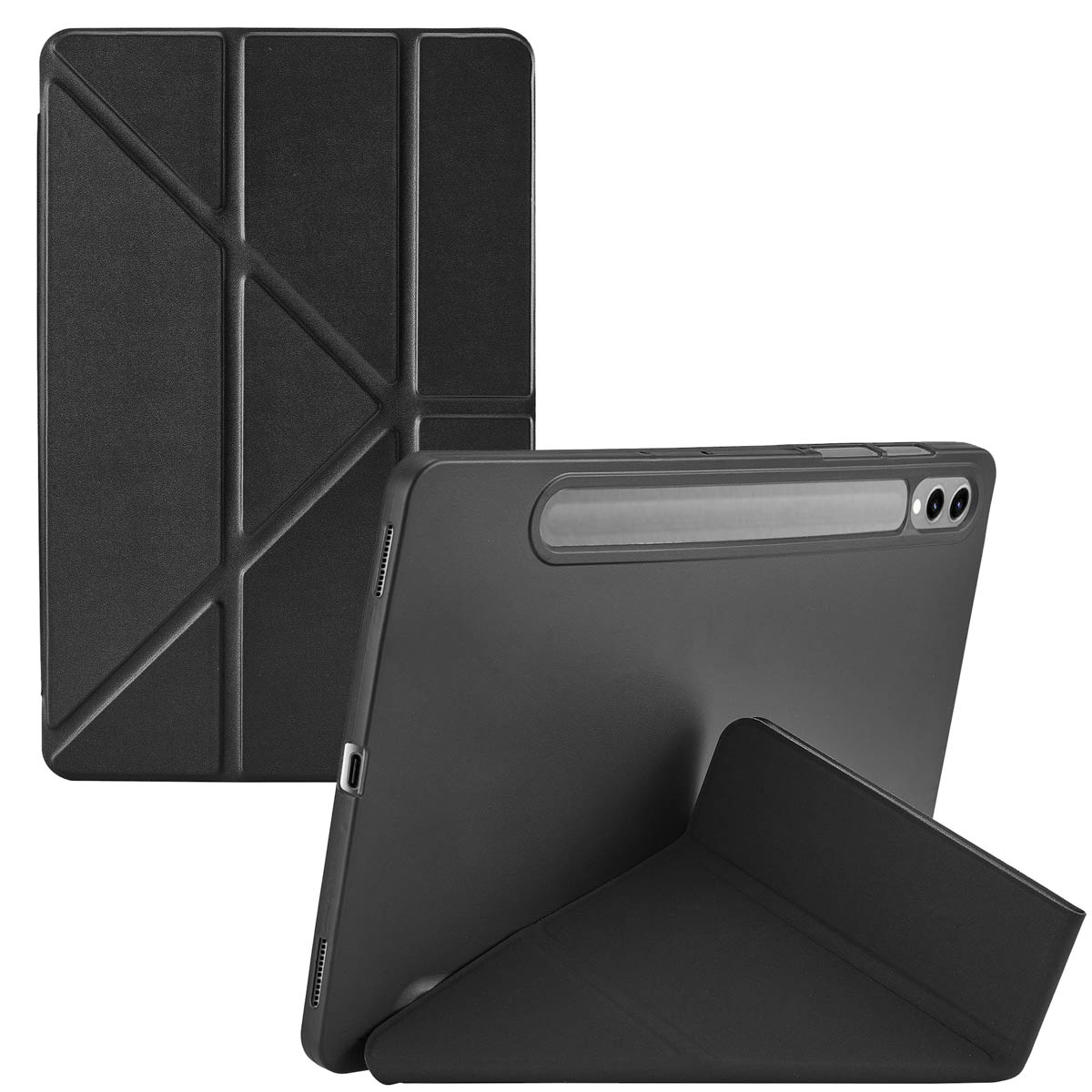 Black tablet case with folding cover, geometric design. One upright, one folded for support.
