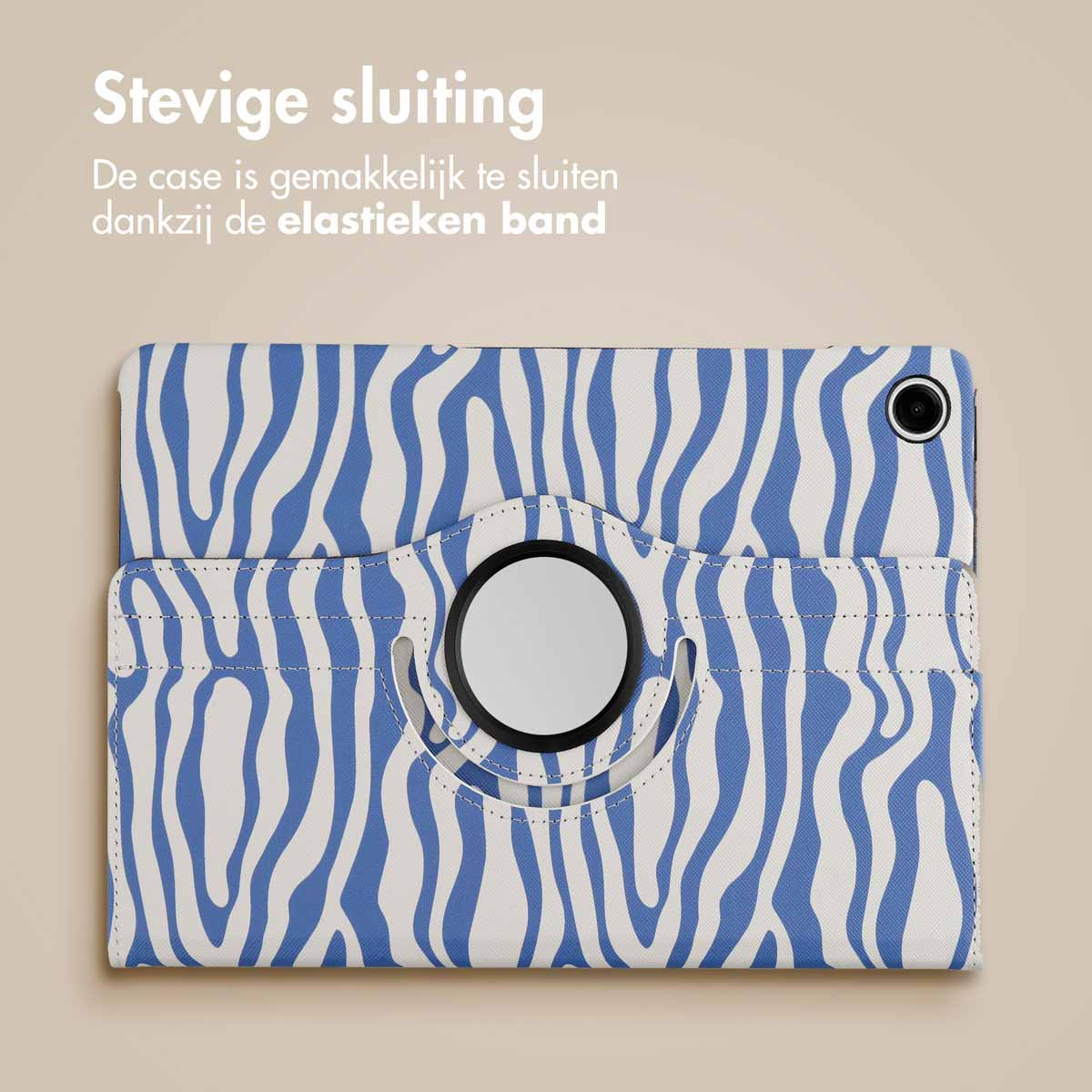 Tablet case with a white and blue zebra pattern. The case is partially open, with a ring.