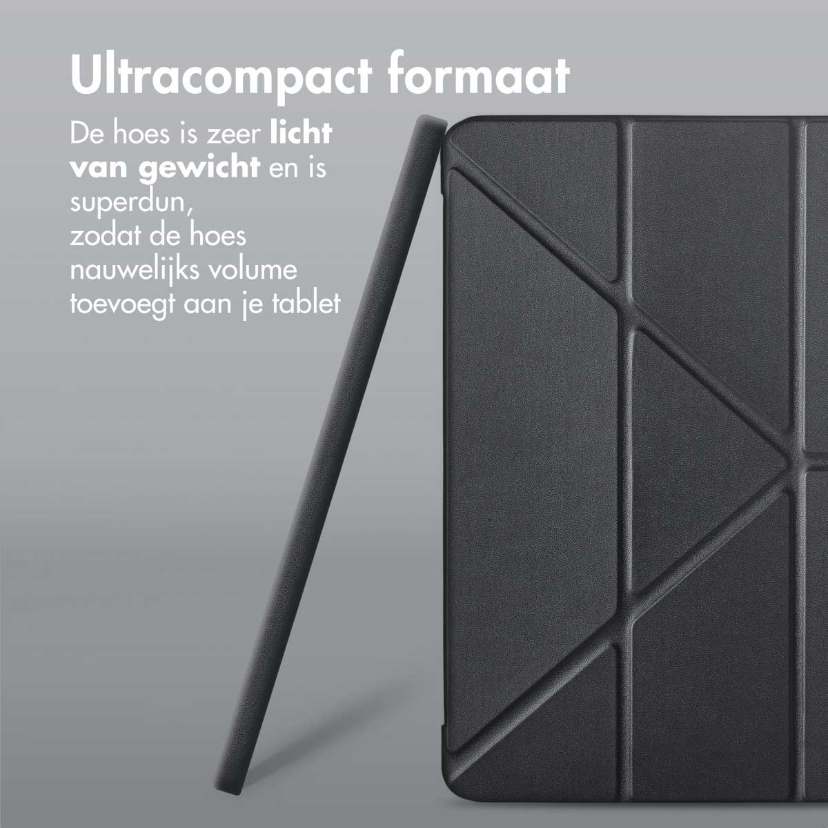 Close-up of a black tablet case, showing the textured surface. Text says: Ultracompact size.