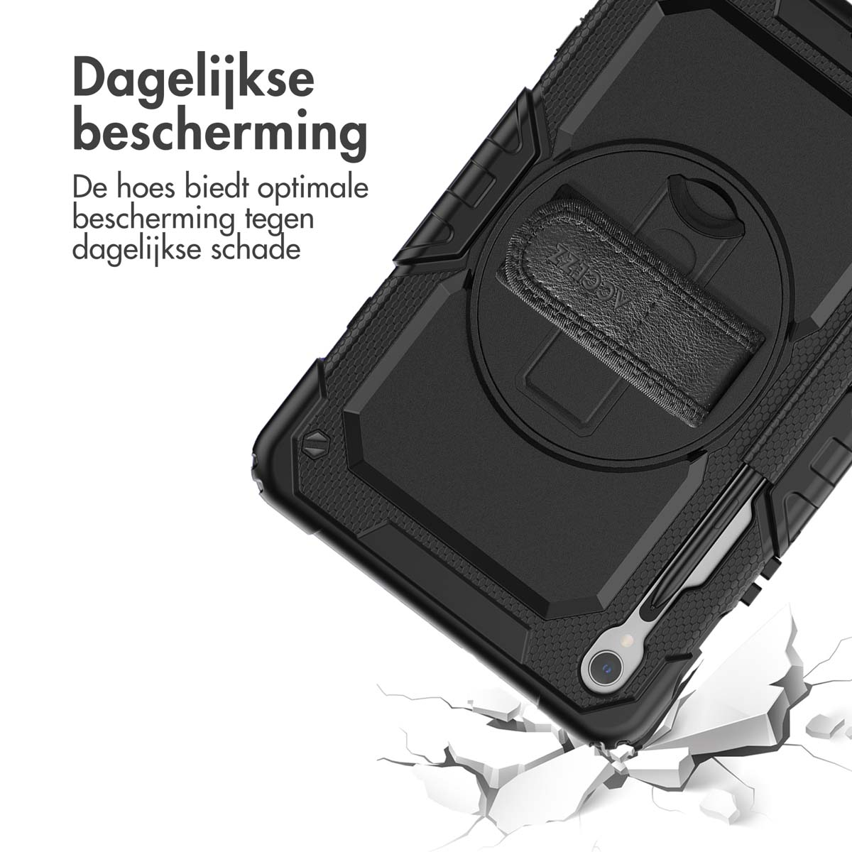 Black tablet case on cracked ground. Dutch text highlights daily protection.