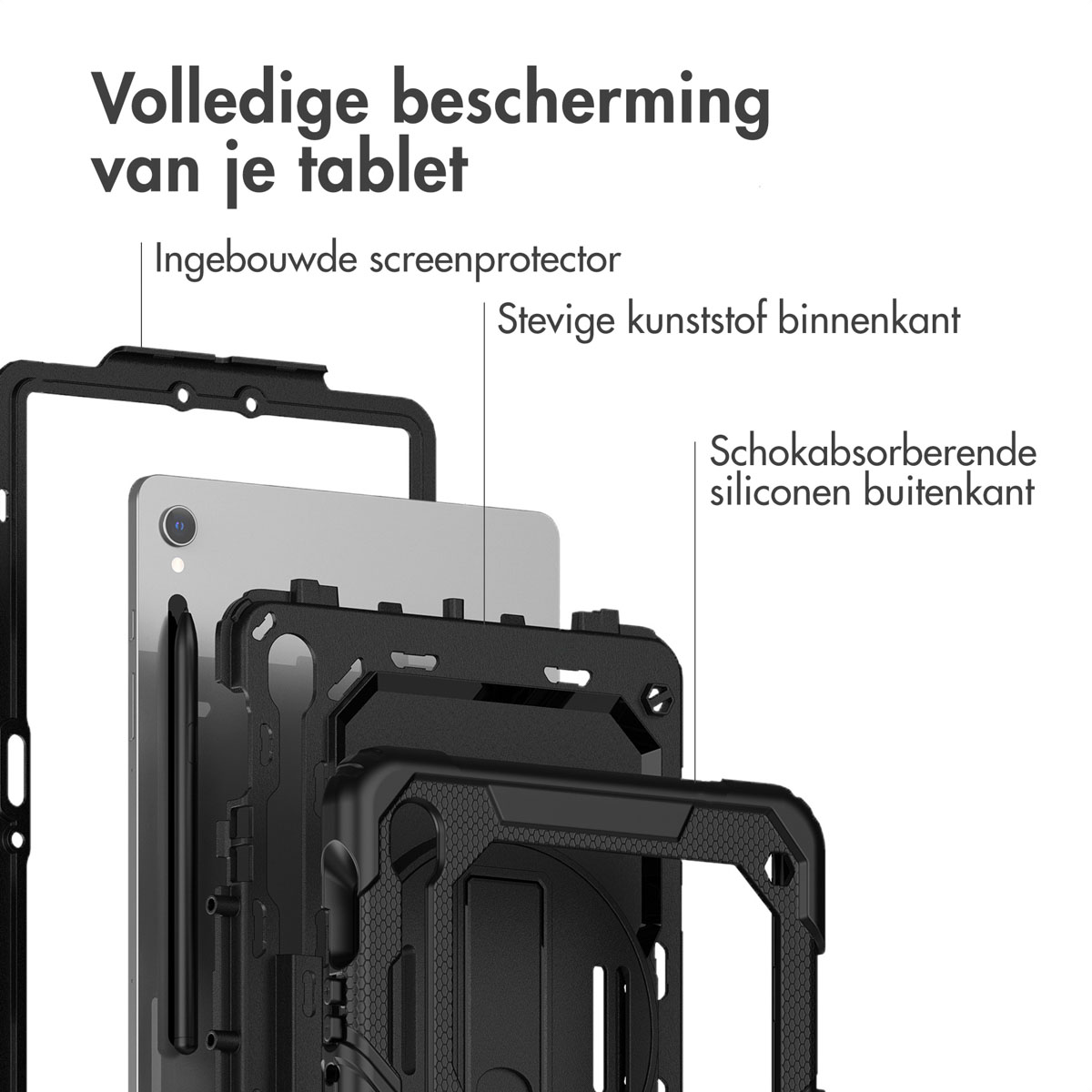 Exploded view of a tablet case showing layers of protection.